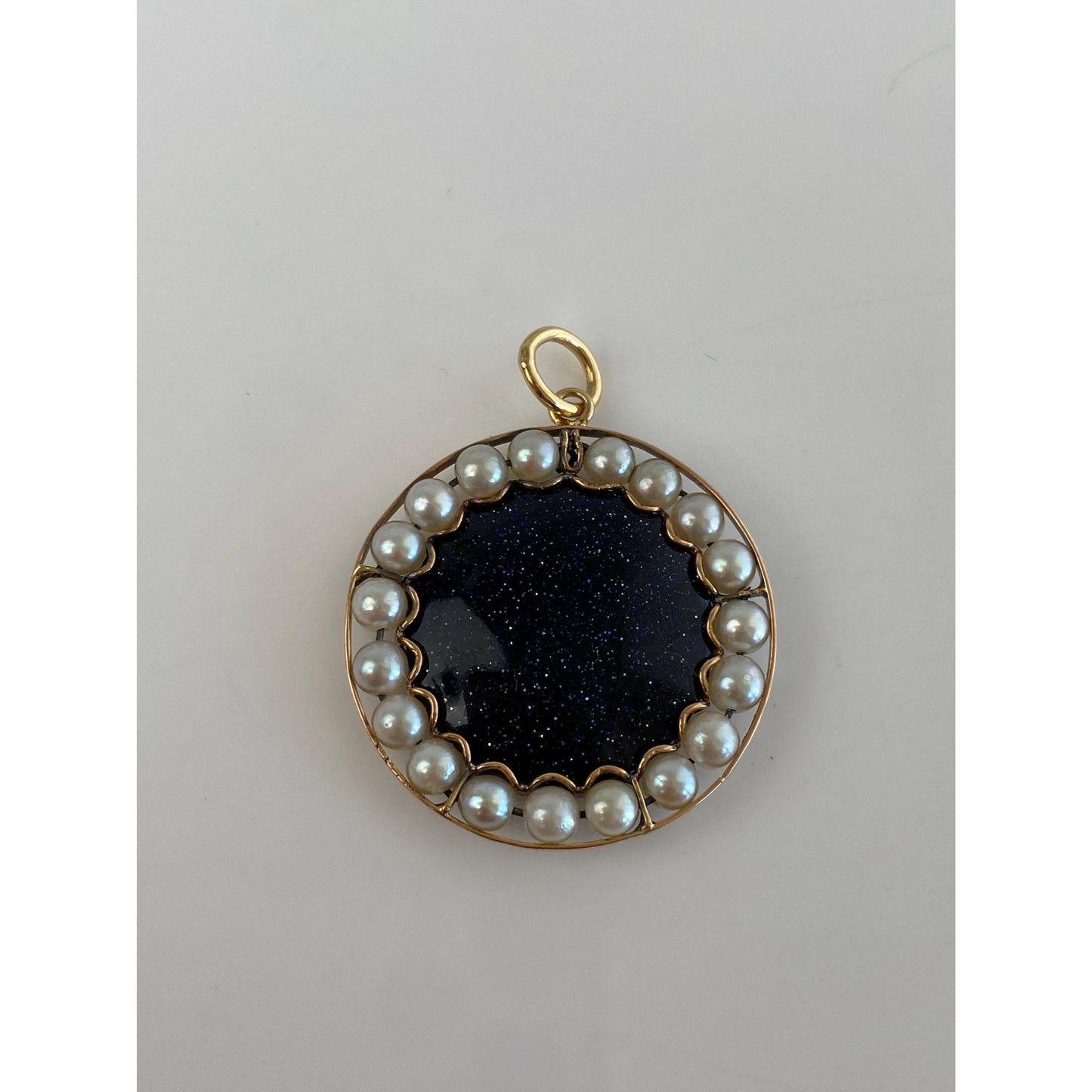 Vintage Solid 14k Yellow Gold Blue Sunstone Pearl Halo Charm