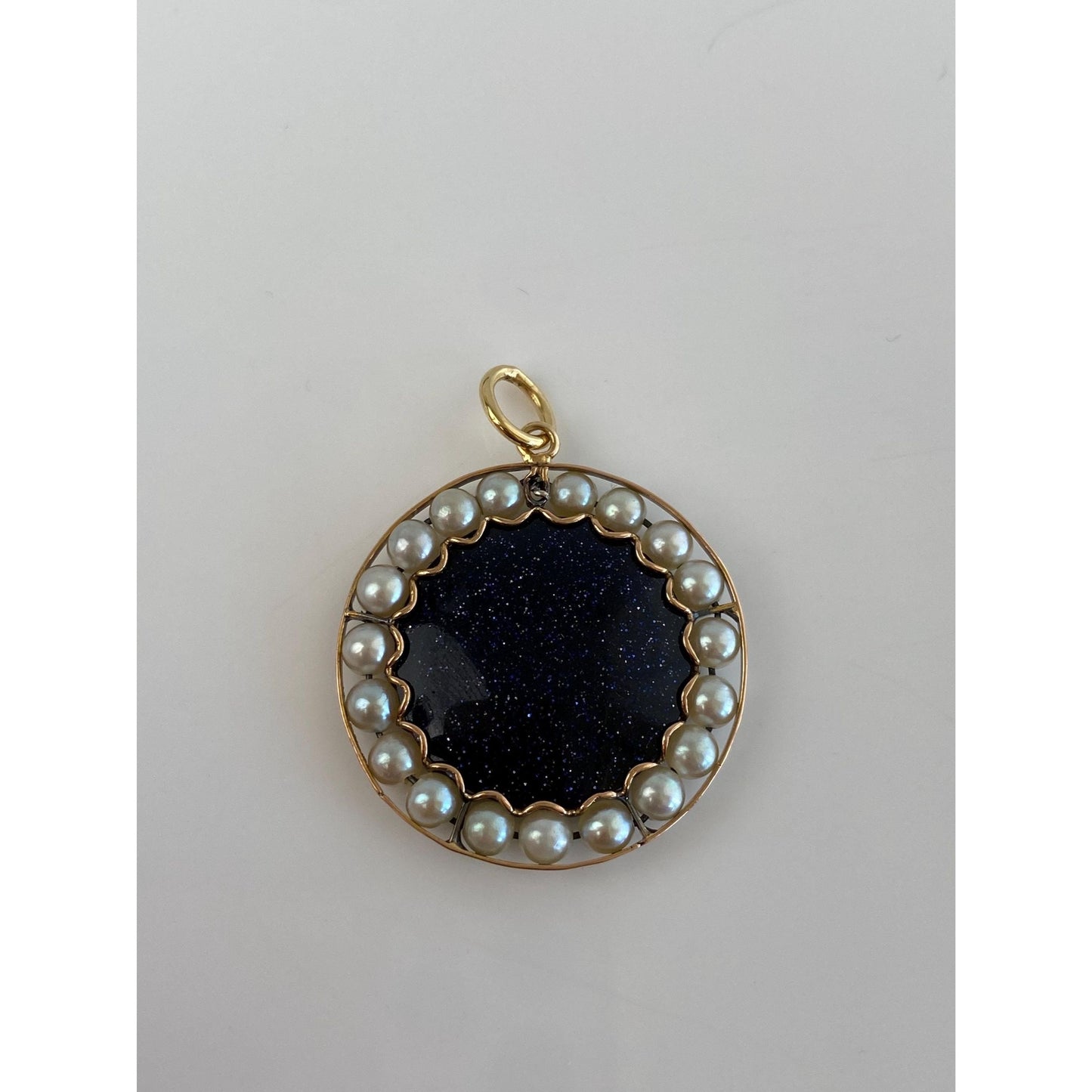 Vintage Solid 14k Yellow Gold Blue Sunstone Pearl Halo Charm