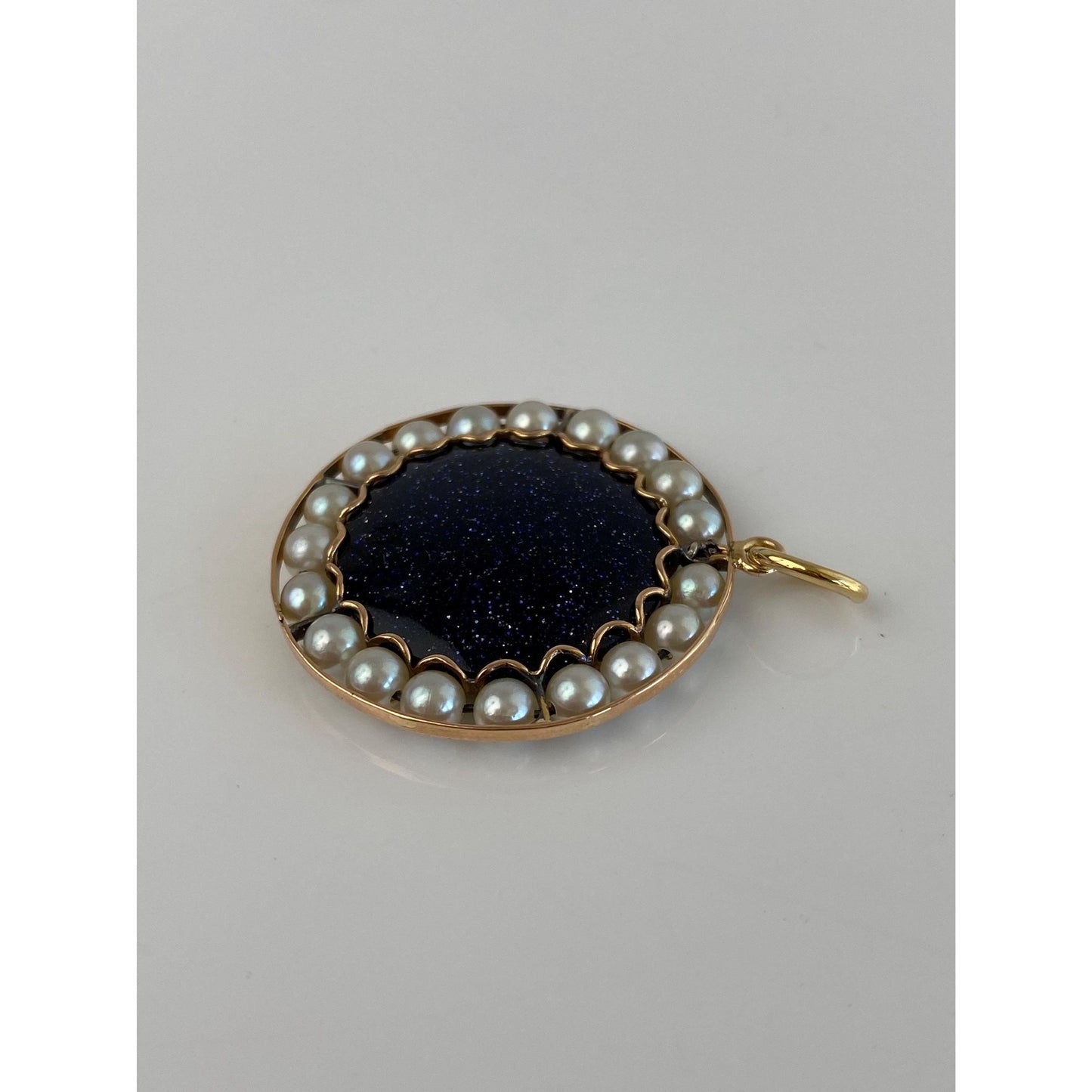 Vintage Solid 14k Yellow Gold Blue Sunstone Pearl Halo Charm