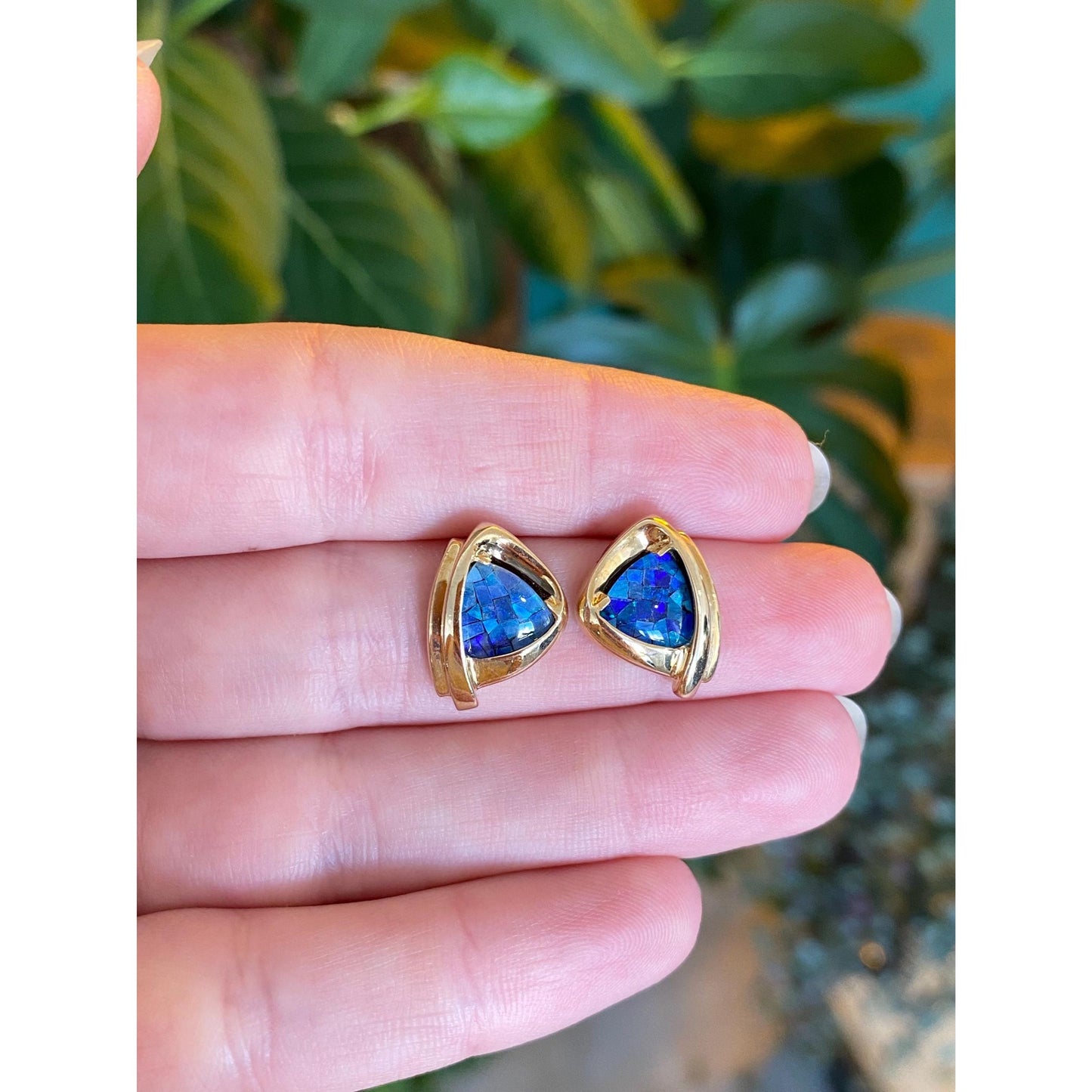 Vintage Solid 14k Yellow Gold Opal Triplet Stud Earrings