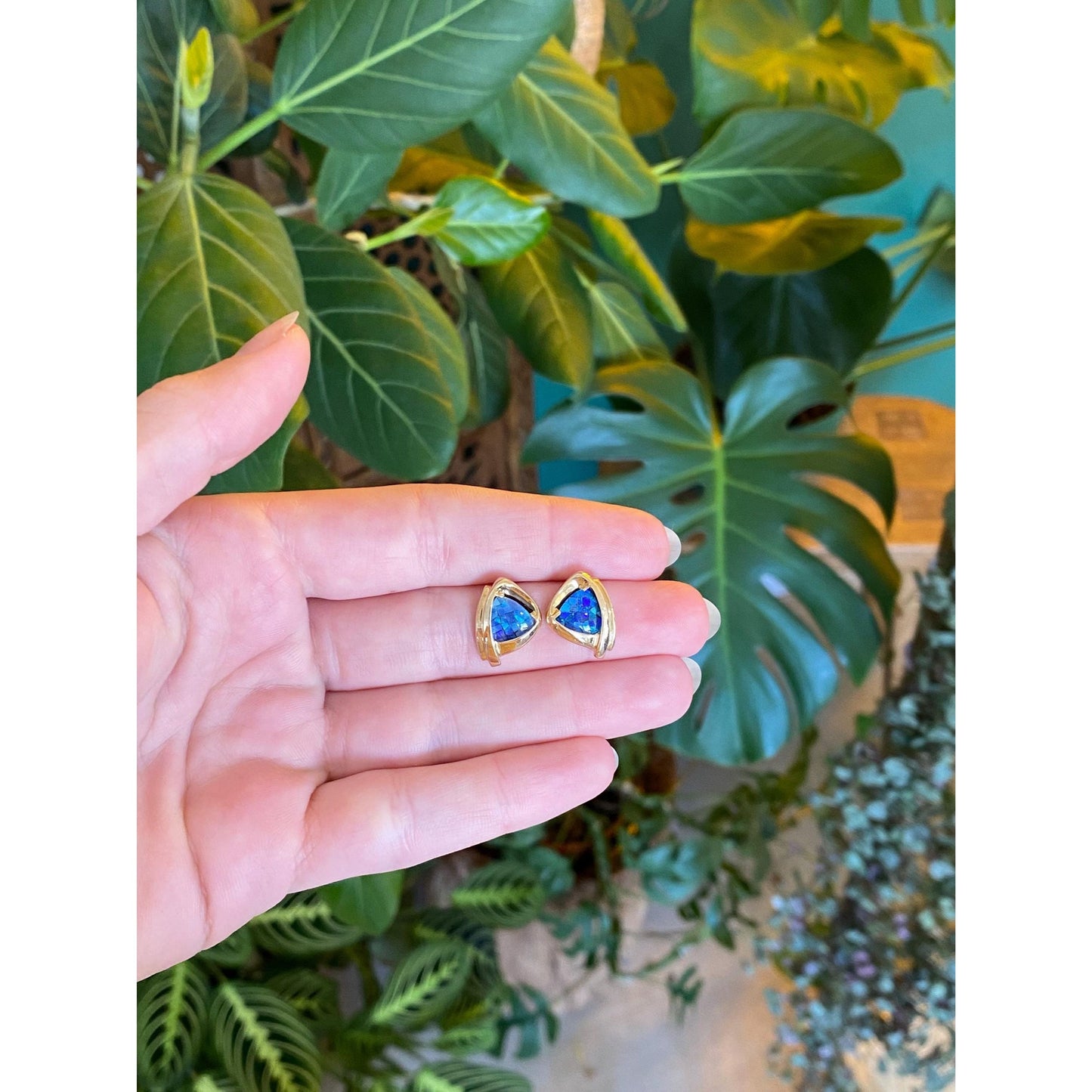 Vintage Solid 14k Yellow Gold Opal Triplet Stud Earrings