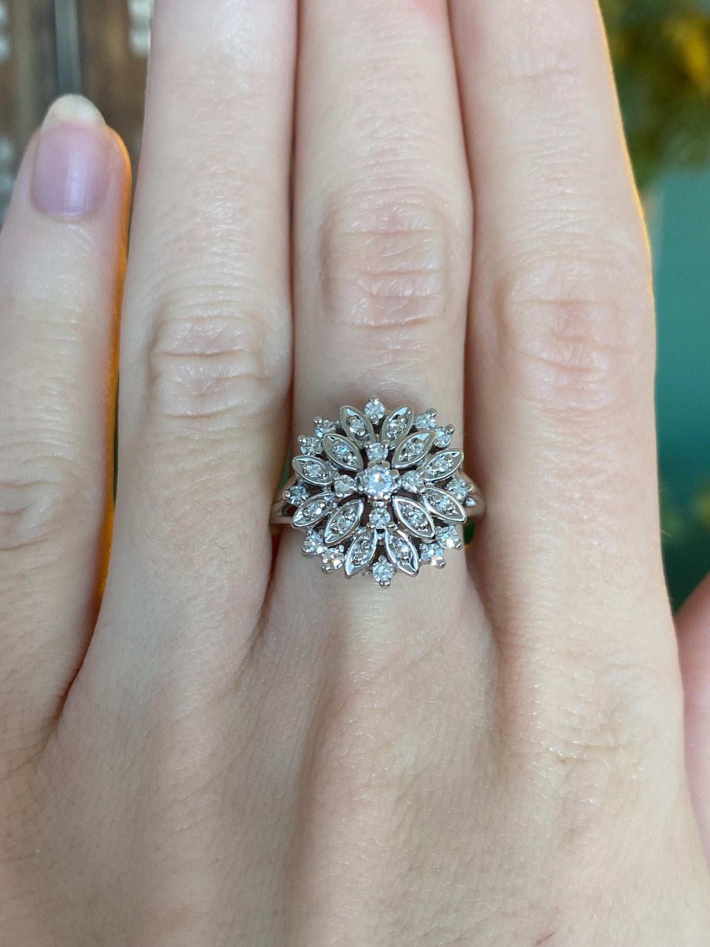 Vintage Solid 14k White Gold Diamond Cluster Ring - Size 8