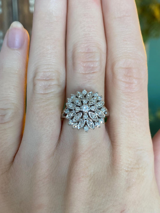 Vintage Solid 14k White Gold Diamond Cluster Ring - Size 8