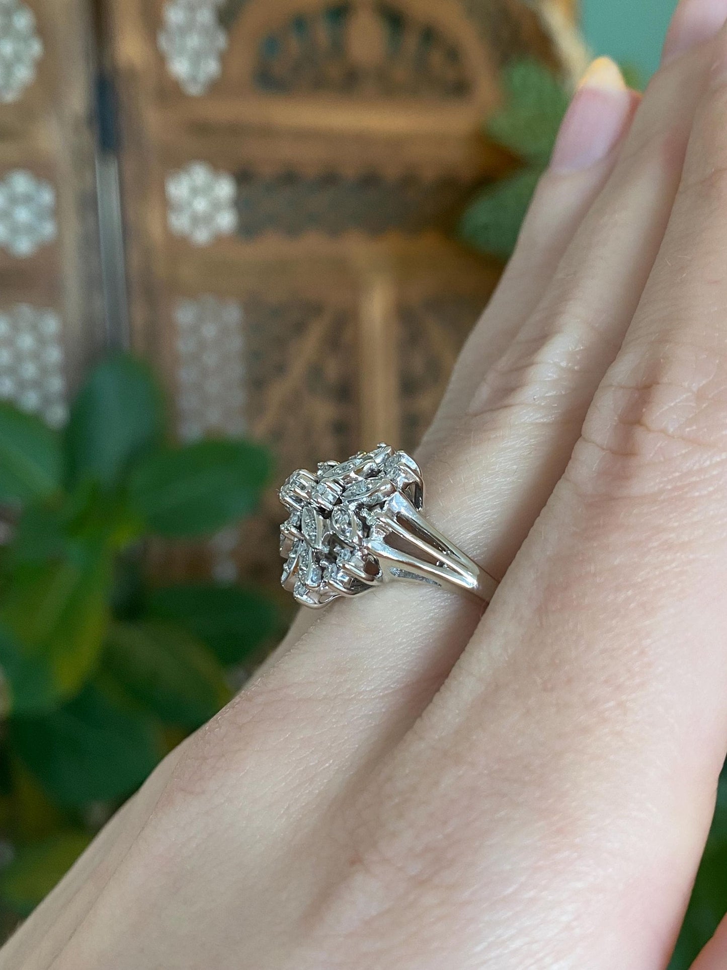 Vintage Solid 14k White Gold Diamond Cluster Ring - Size 8