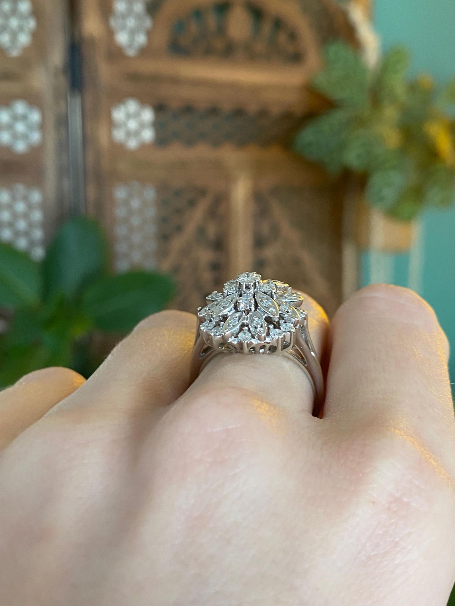 Vintage Solid 14k White Gold Diamond Cluster Ring - Size 8