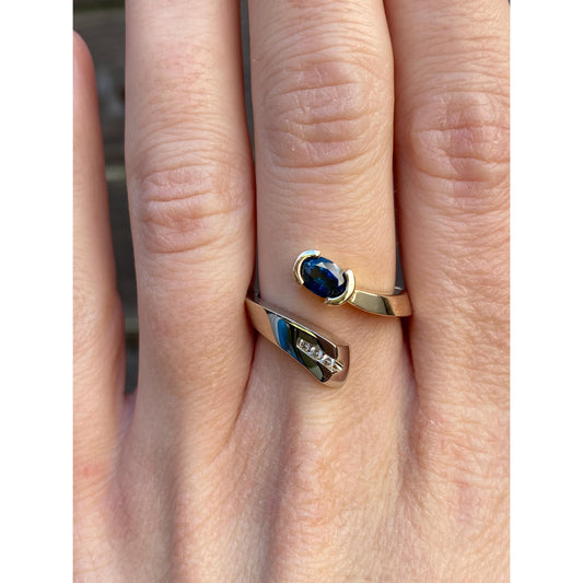 Solid 14k White & Yellow Gold Blue Sapphire Diamond Bypass Ring - Size 6.5