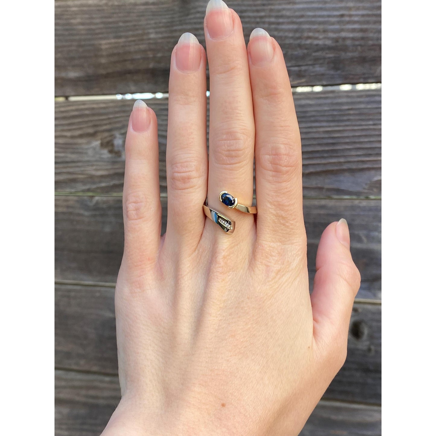 Solid 14k White & Yellow Gold Blue Sapphire Diamond Bypass Ring - Size 6.5