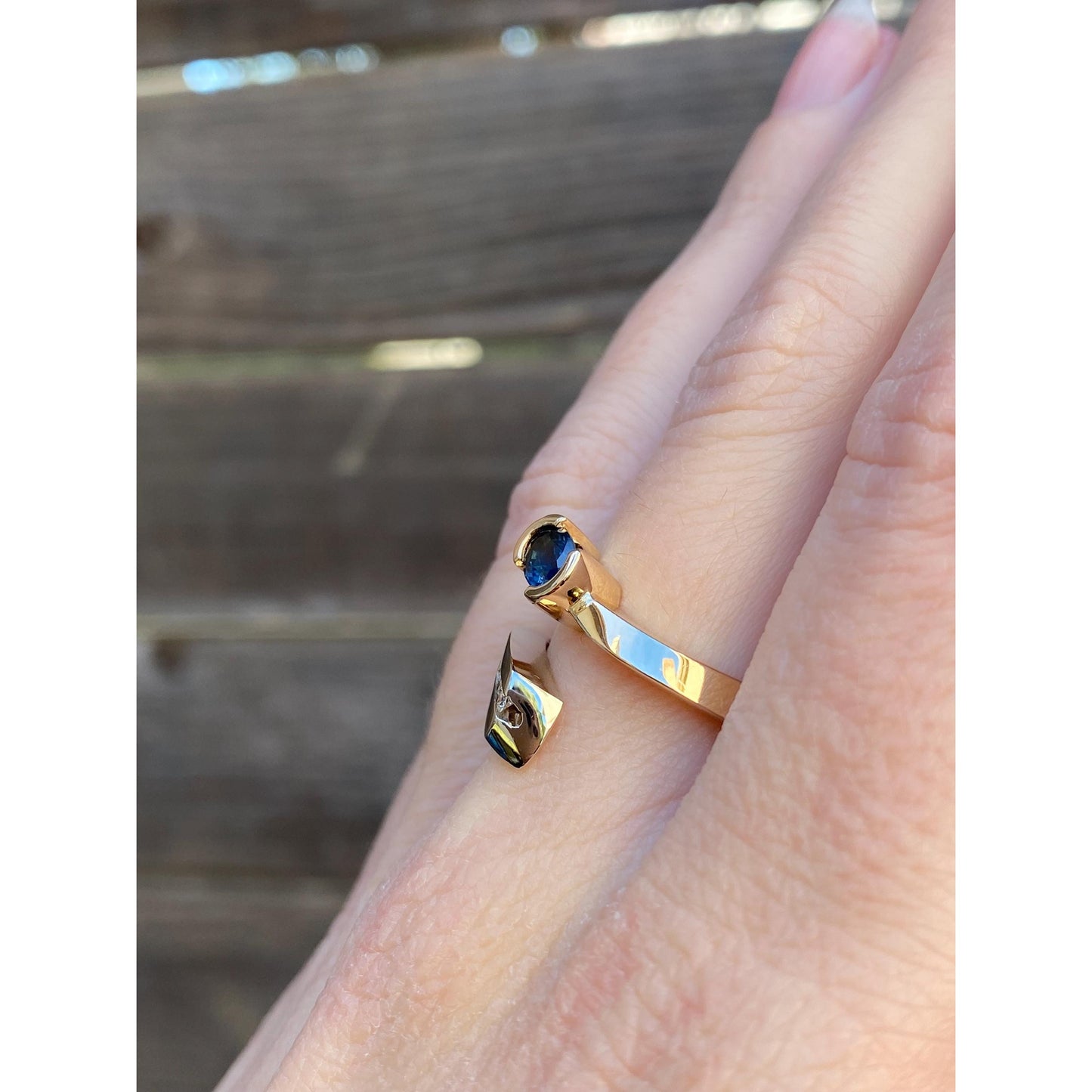 Solid 14k White & Yellow Gold Blue Sapphire Diamond Bypass Ring - Size 6.5