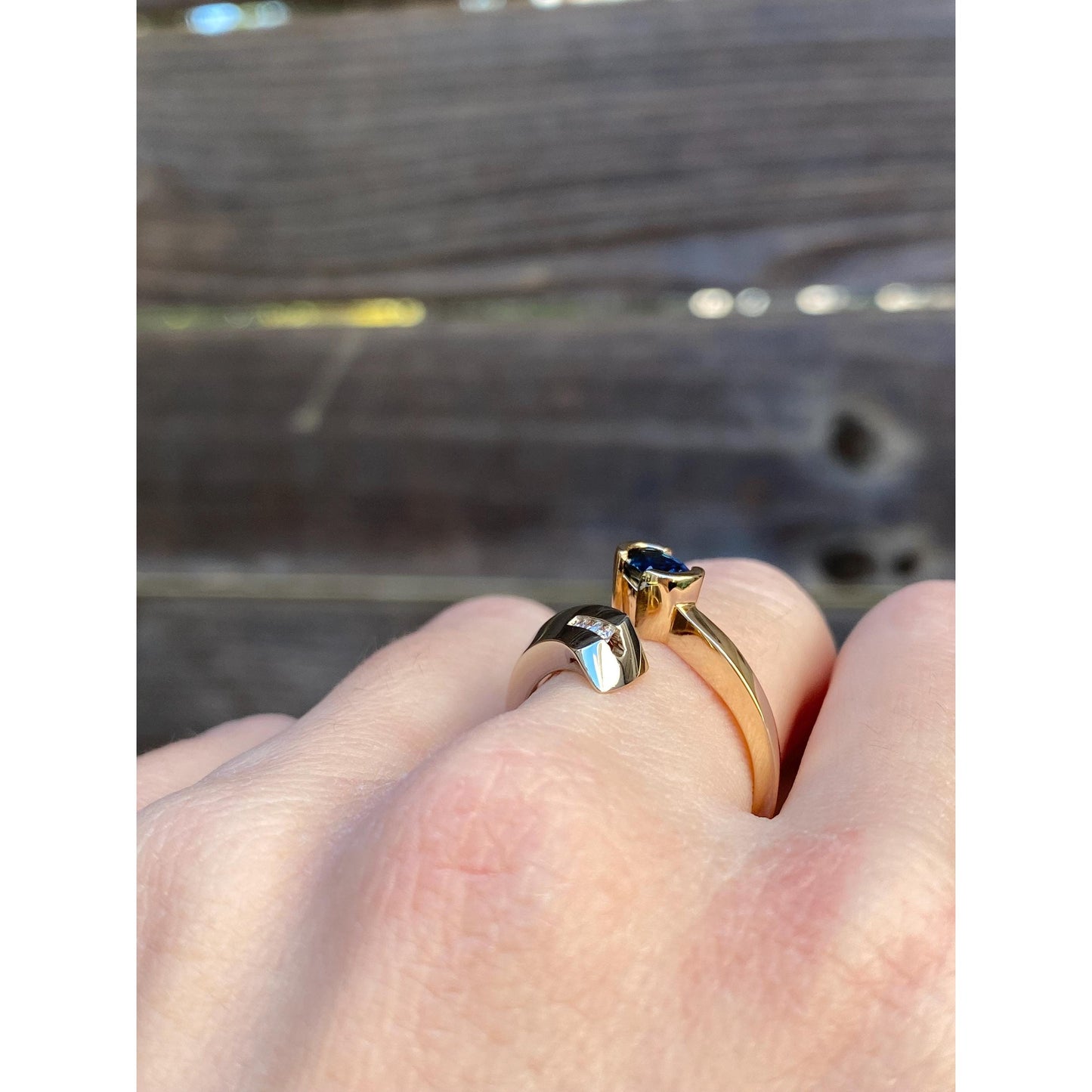 Solid 14k White & Yellow Gold Blue Sapphire Diamond Bypass Ring - Size 6.5