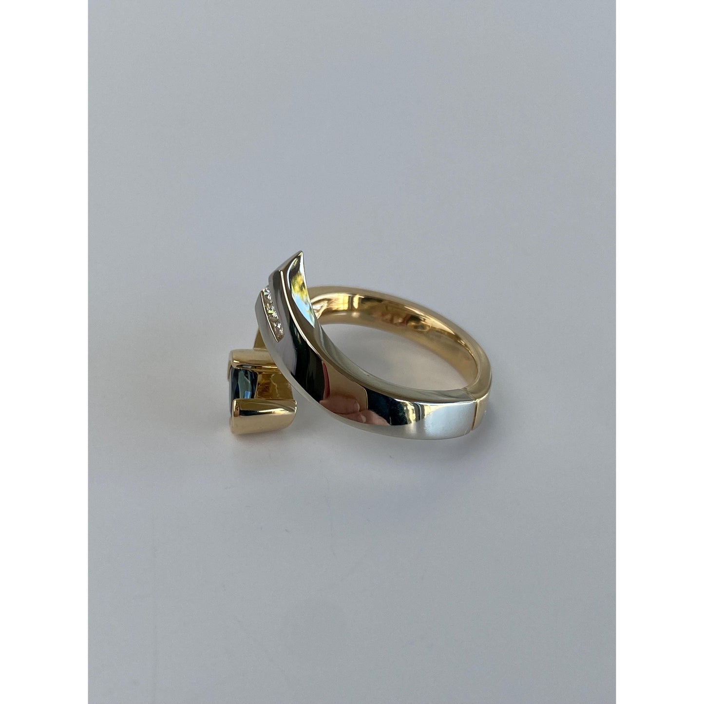 Solid 14k White & Yellow Gold Blue Sapphire Diamond Bypass Ring - Size 6.5