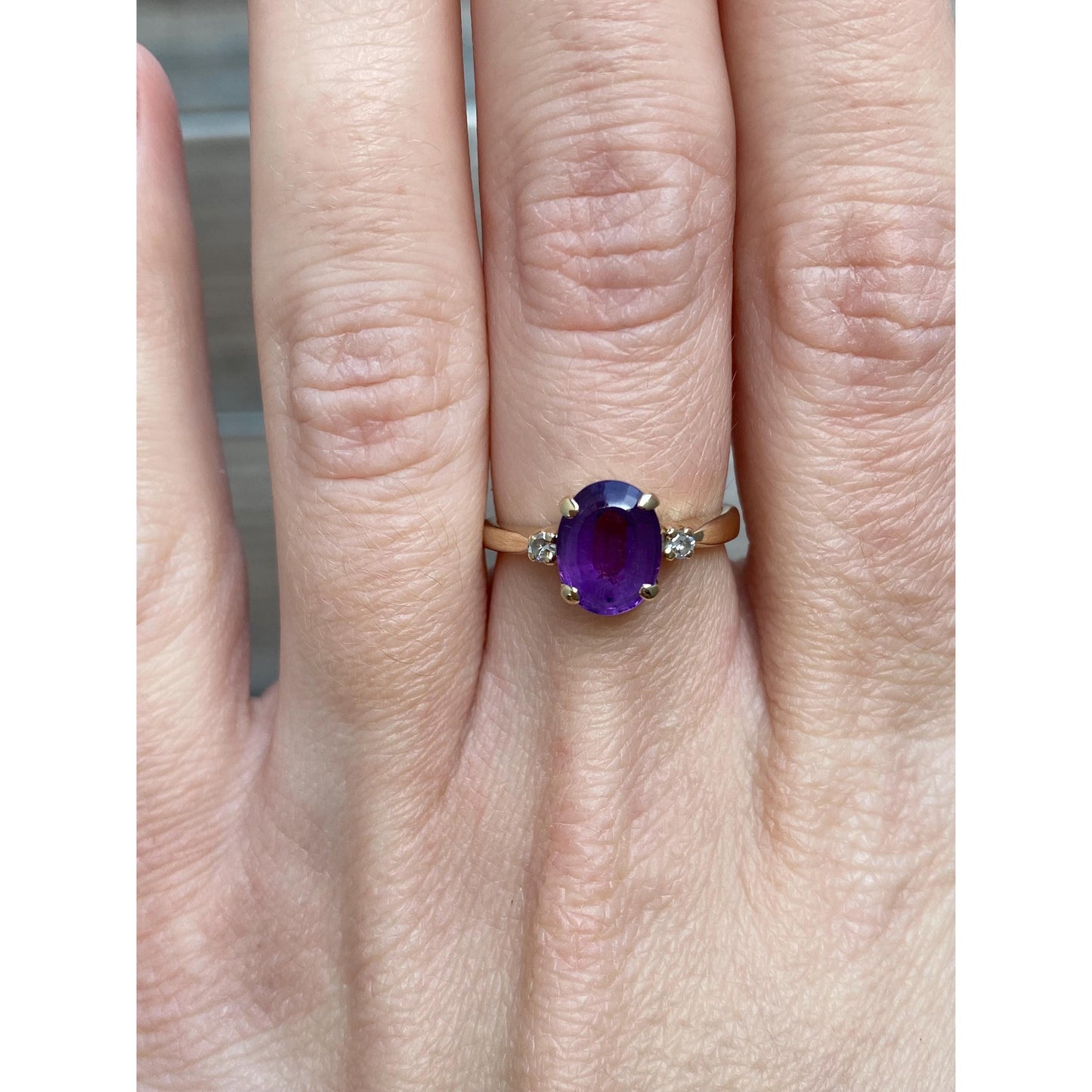 Vintage Solid 14k Yellow Gold Diamond Amethyst Ring - Size 5.75
