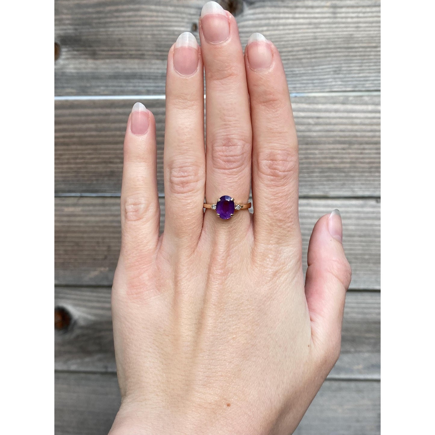 Vintage Solid 14k Yellow Gold Diamond Amethyst Ring - Size 5.75