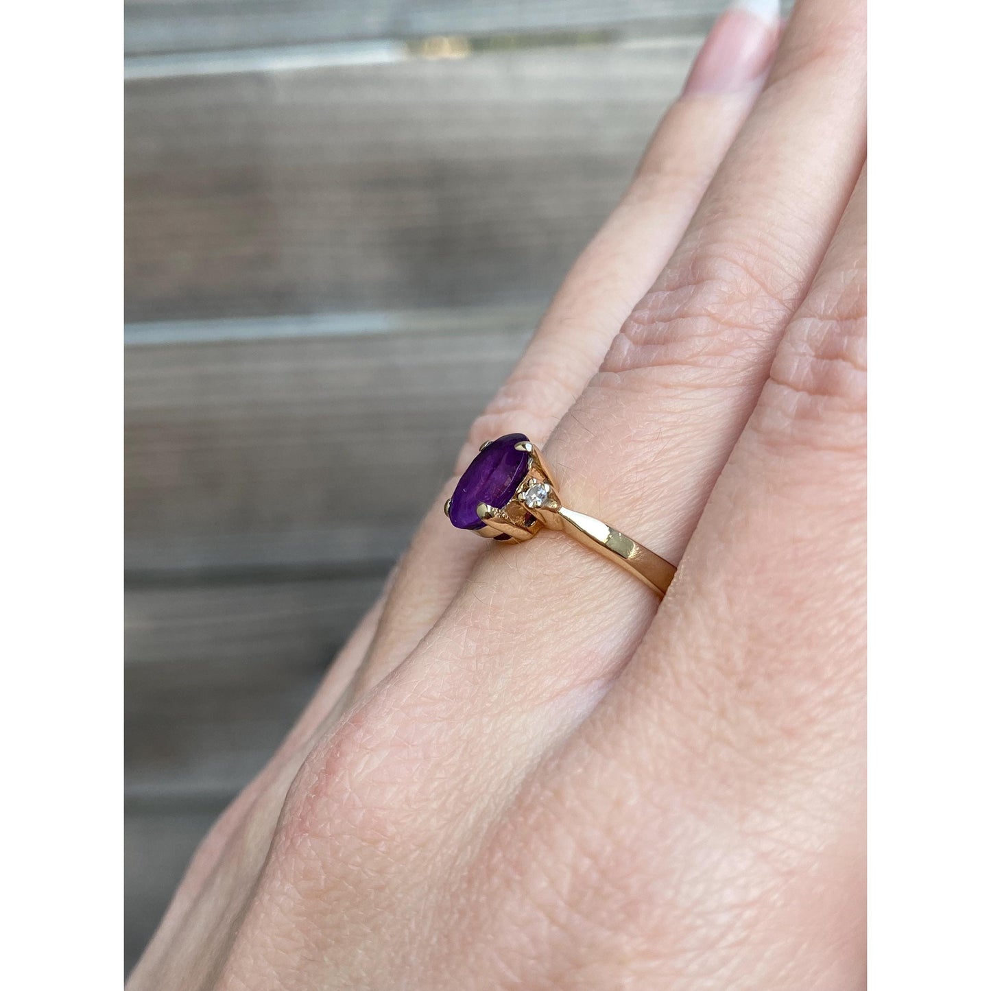 Vintage Solid 14k Yellow Gold Diamond Amethyst Ring - Size 5.75