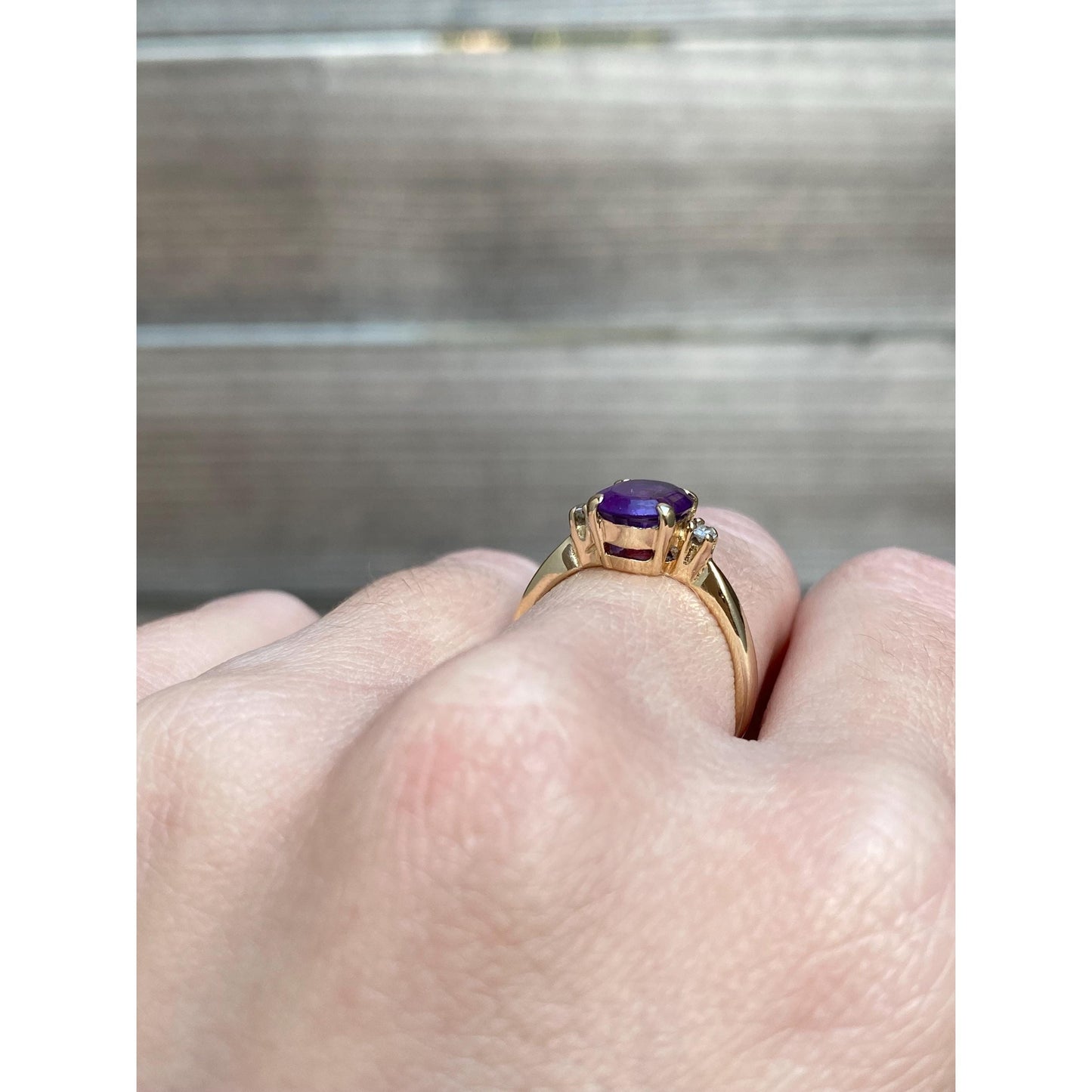 Vintage Solid 14k Yellow Gold Diamond Amethyst Ring - Size 5.75