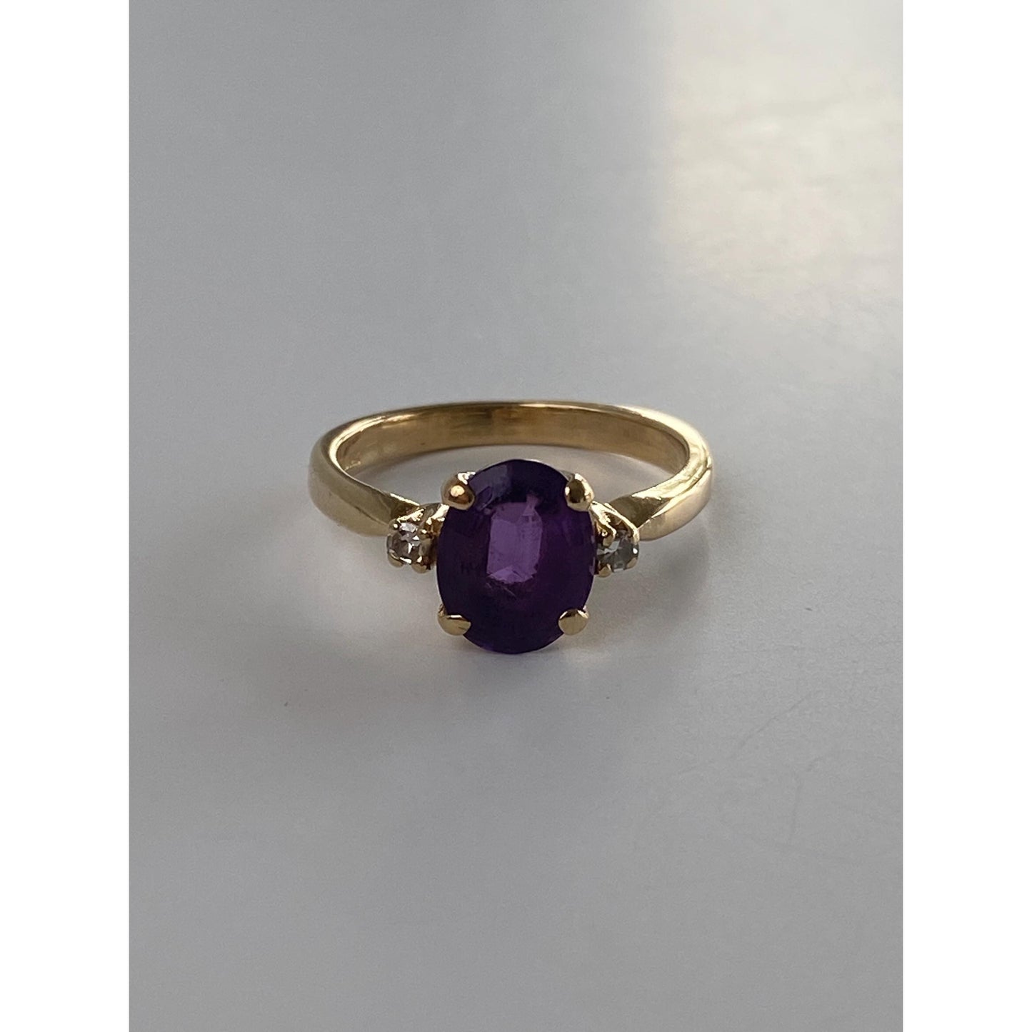 Vintage Solid 14k Yellow Gold Diamond Amethyst Ring - Size 5.75