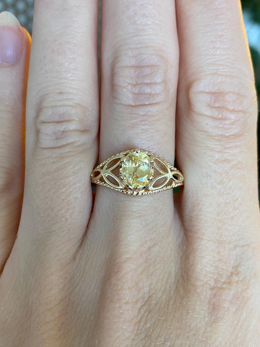 Vintage Solid 14k Yellow Gold Light Yellow Sapphire Open Work Ring - Size 9.5