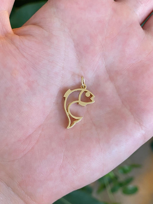 Vintage Solid 14k Yellow Gold Open Work Fish Charm