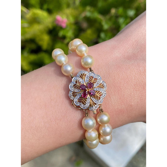 Vintage Solid 14k White & Yellow Gold Diamond Ruby Pearl Bracelet - 7.25 inches