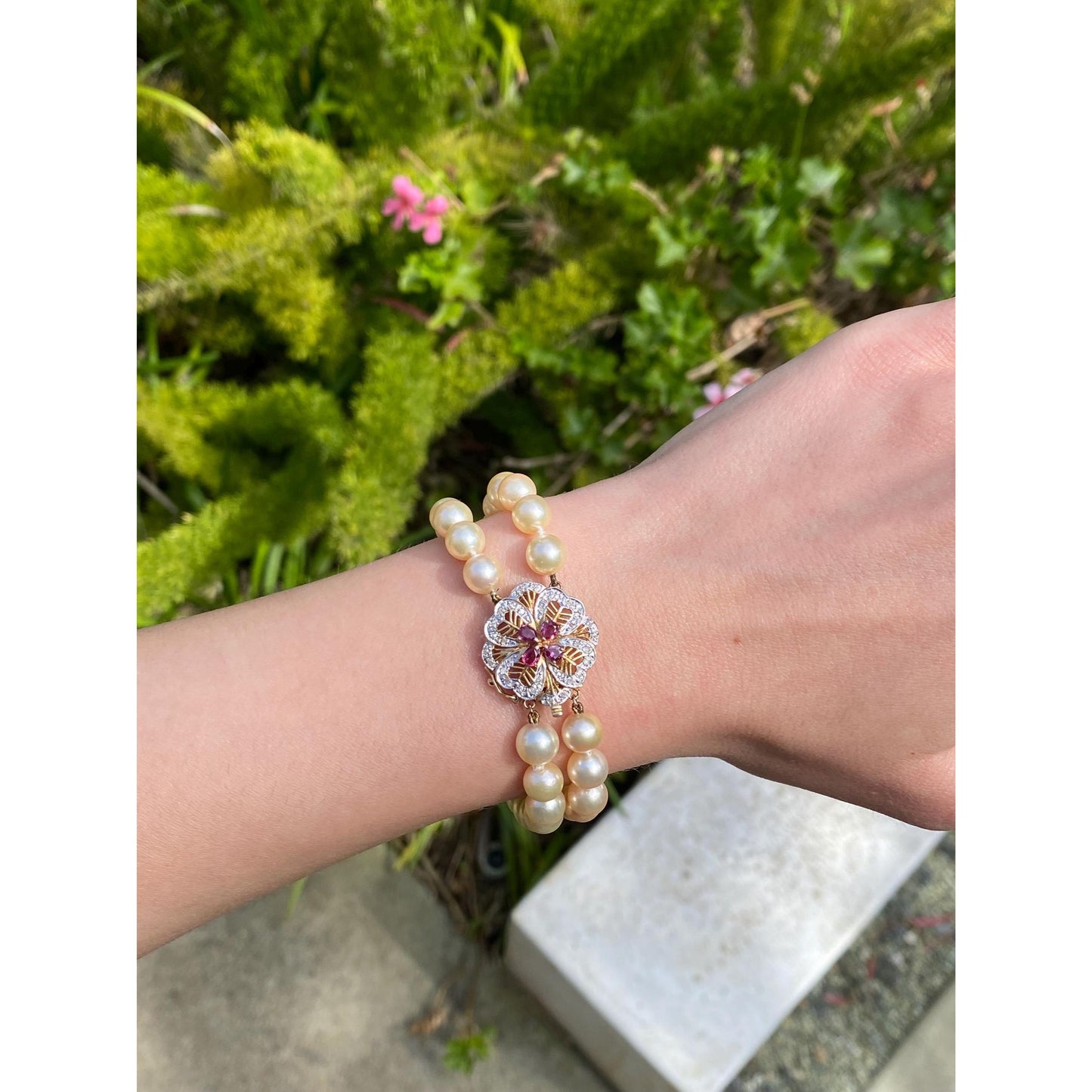 Vintage Solid 14k White & Yellow Gold Diamond Ruby Pearl Bracelet - 7.25 inches