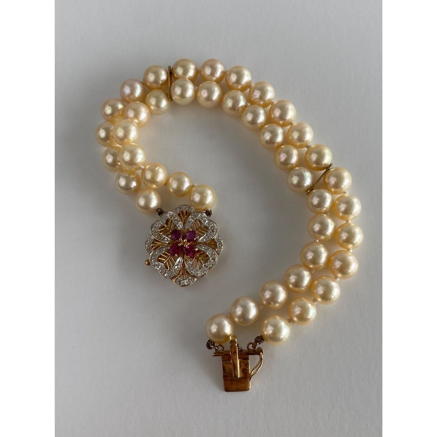 Vintage Solid 14k White & Yellow Gold Diamond Ruby Pearl Bracelet - 7.25 inches