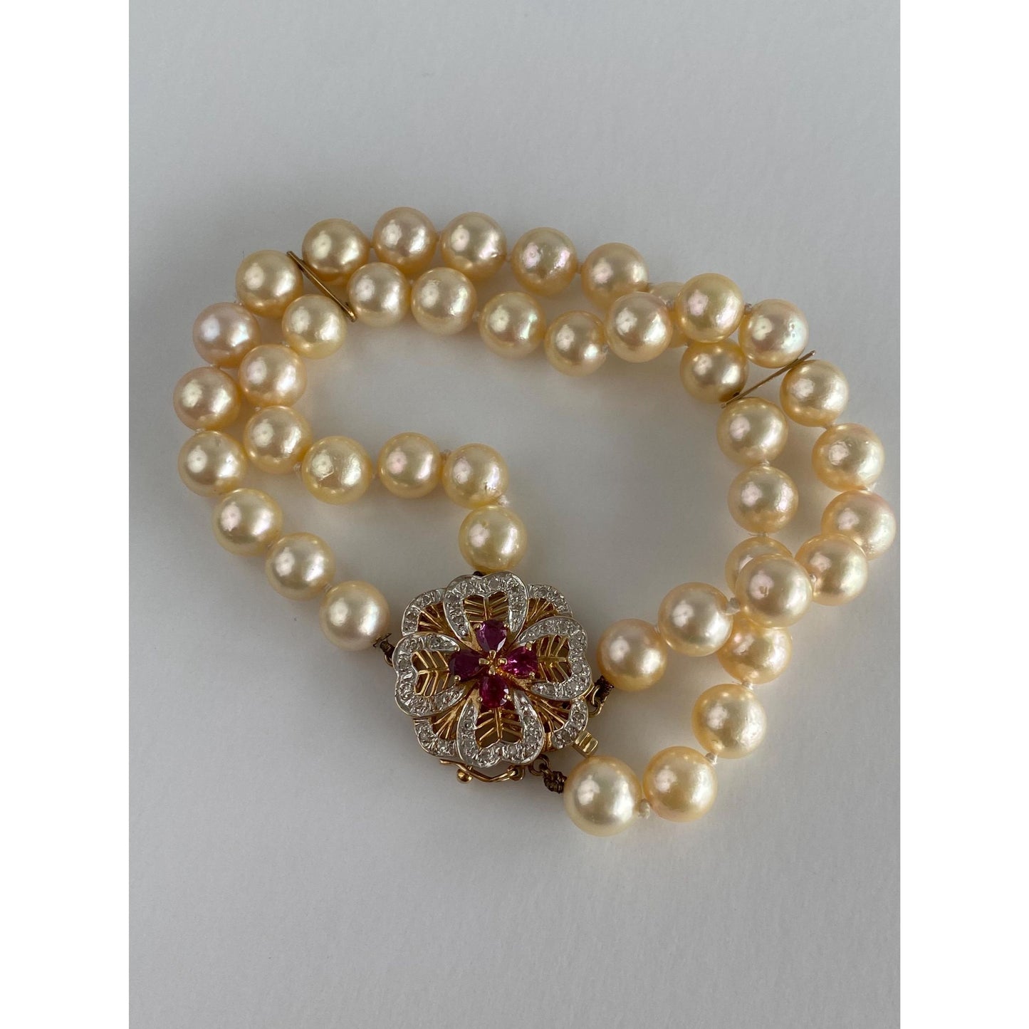 Vintage Solid 14k White & Yellow Gold Diamond Ruby Pearl Bracelet - 7.25 inches