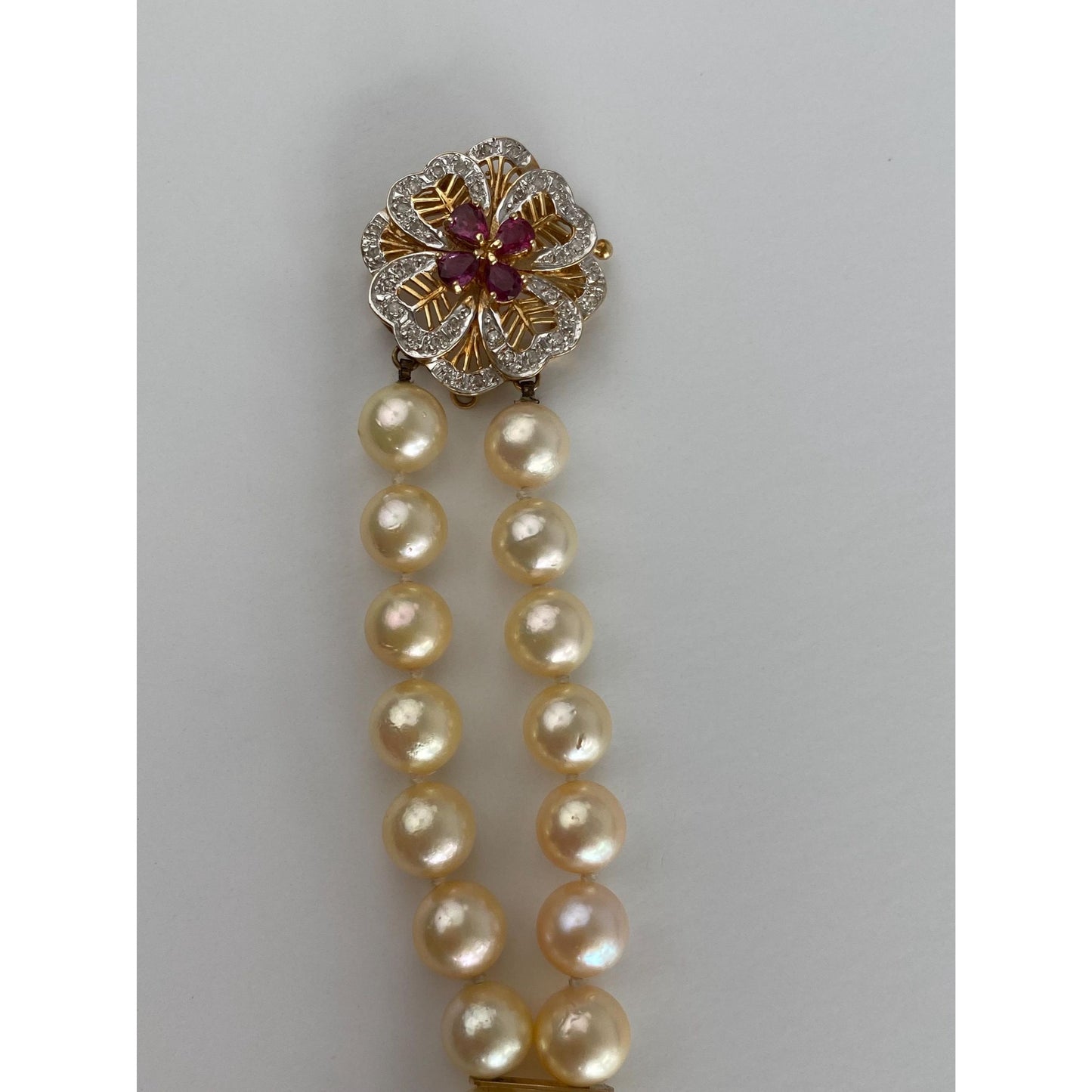 Vintage Solid 14k White & Yellow Gold Diamond Ruby Pearl Bracelet - 7.25 inches