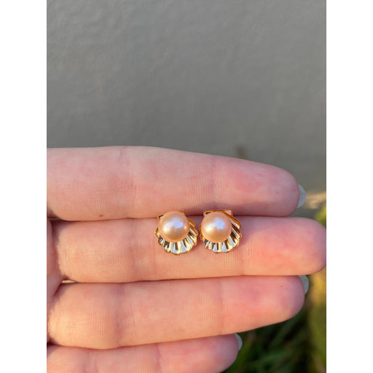 Vintage Solid 14k Yellow Gold Pearl Shell Stud Earrings