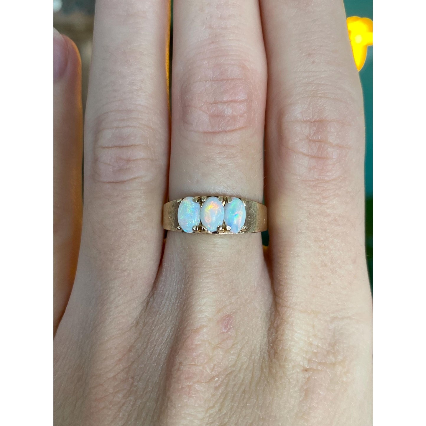 Vintage Solid 10k Yellow Gold Opal Row Ring - Size 6
