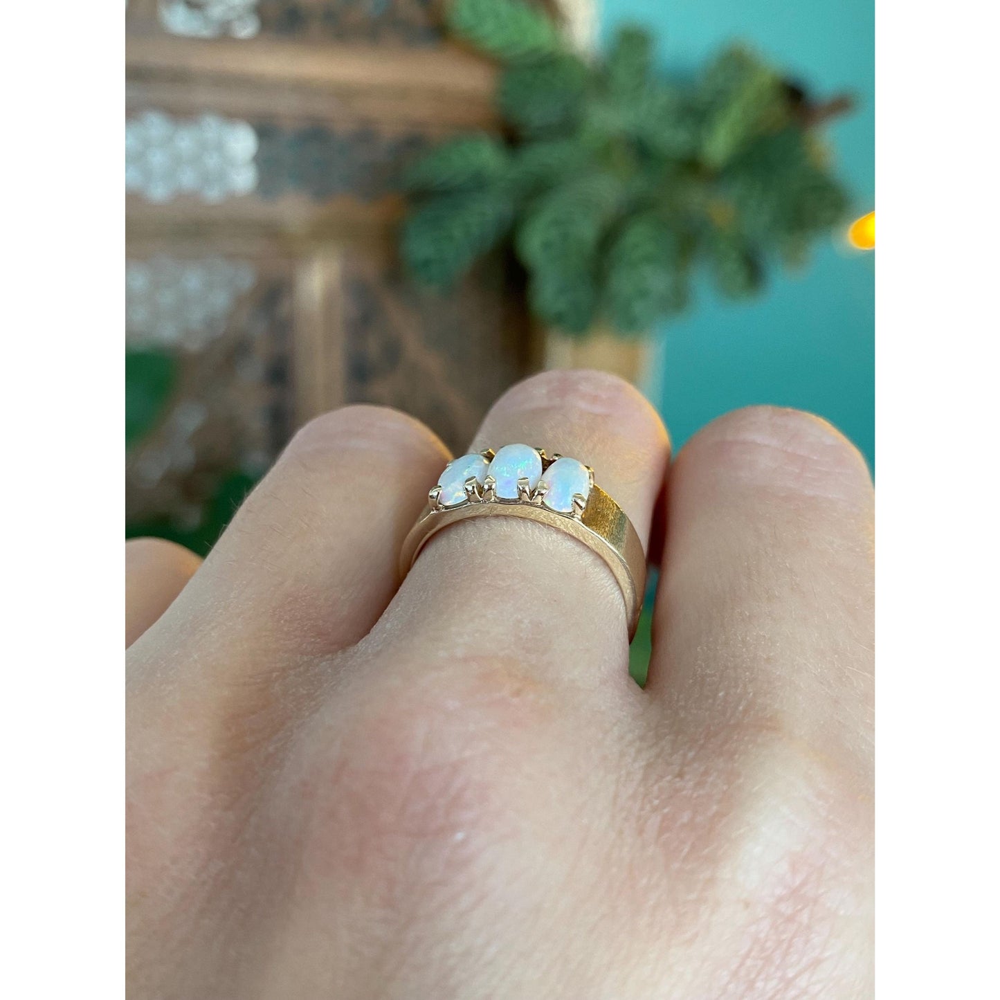 Vintage Solid 10k Yellow Gold Opal Row Ring - Size 6