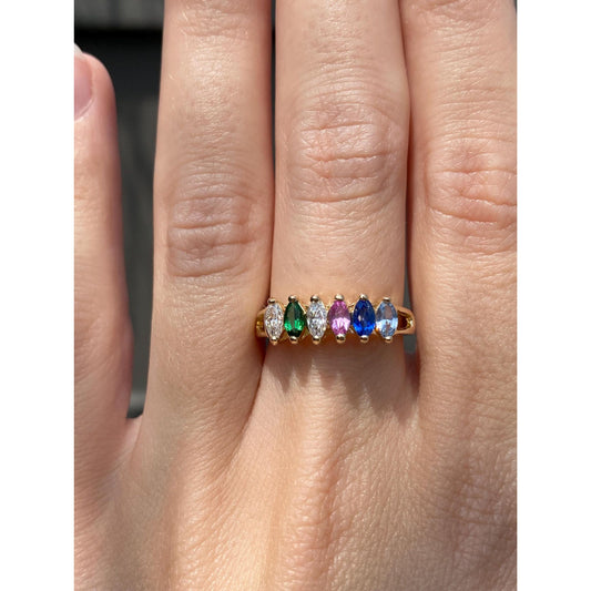 Vintage Solid 14k Yellow Gold Colored Spinel & Cubic Zirconia Row Ring - Size 6.75