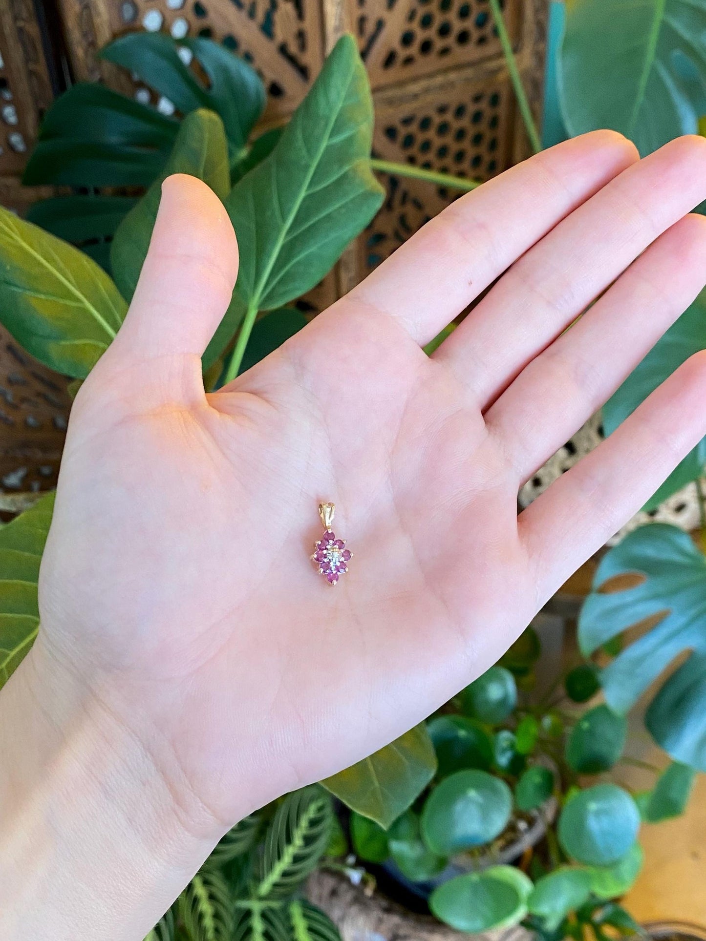 Vintage Solid 10k White & Yellow Gold Diamond Ruby Halo Charm