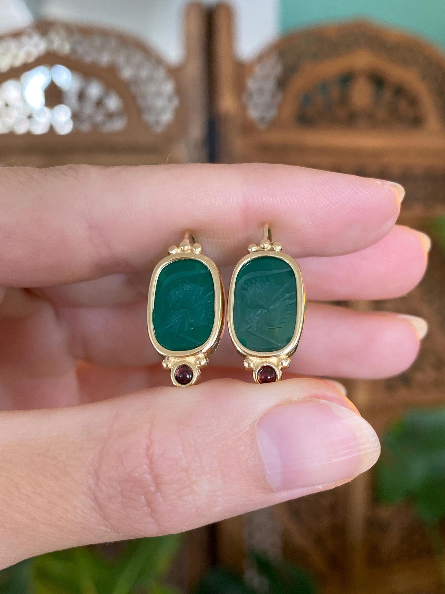 Solid 14k Yellow Gold Carved Green Glass Cameo & Garnet Drop Earrings