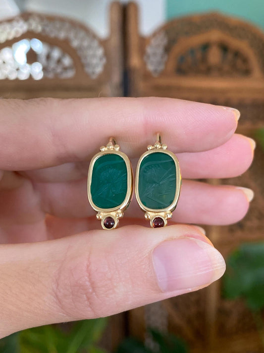 Solid 14k Yellow Gold Carved Green Glass Cameo & Garnet Drop Earrings