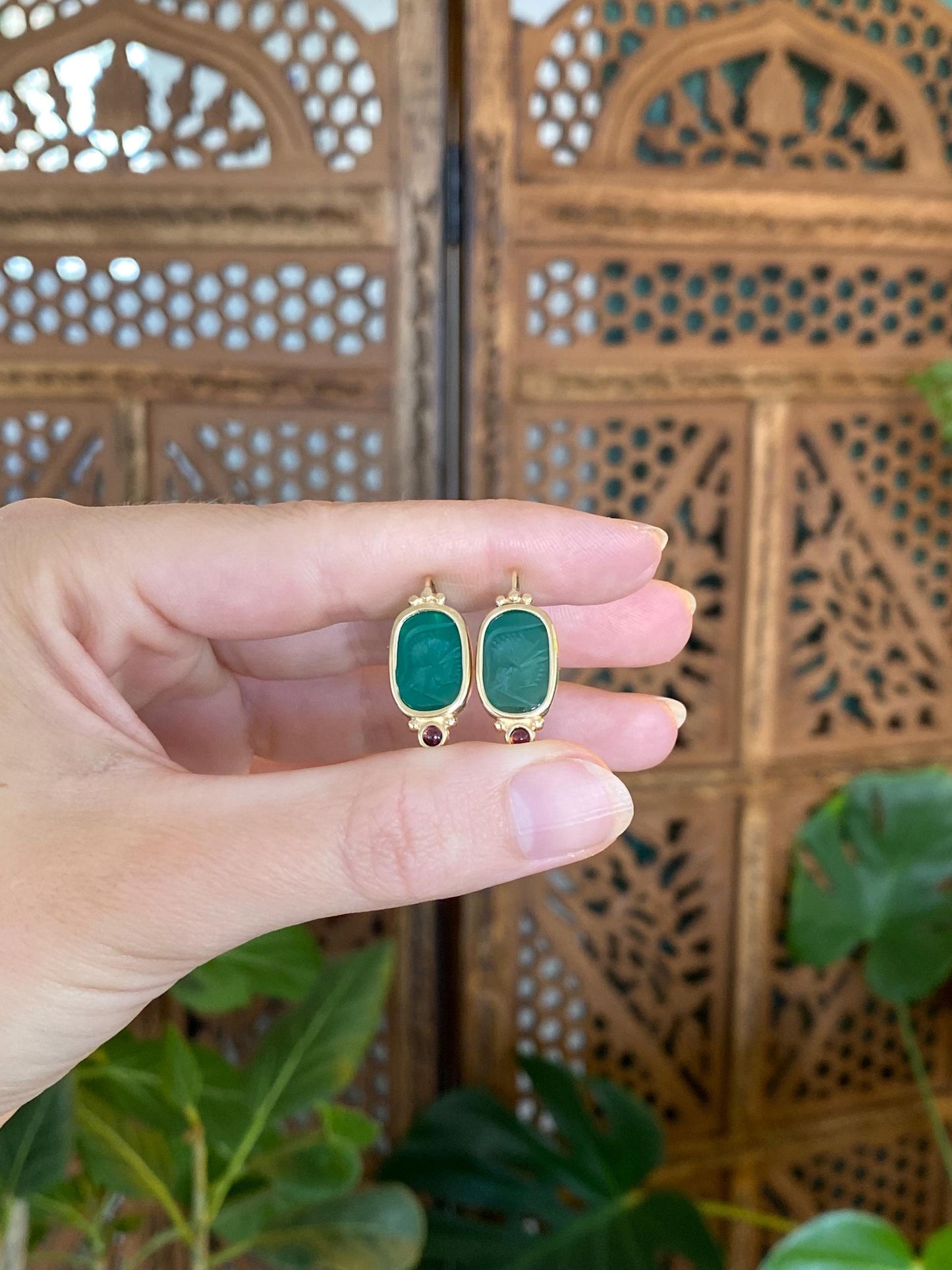Solid 14k Yellow Gold Carved Green Glass Cameo & Garnet Drop Earrings
