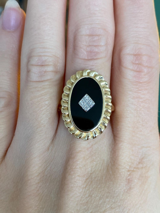 Vintage Solid 14k White & Yellow Gold Onyx Diamond Ring - Size 8.75