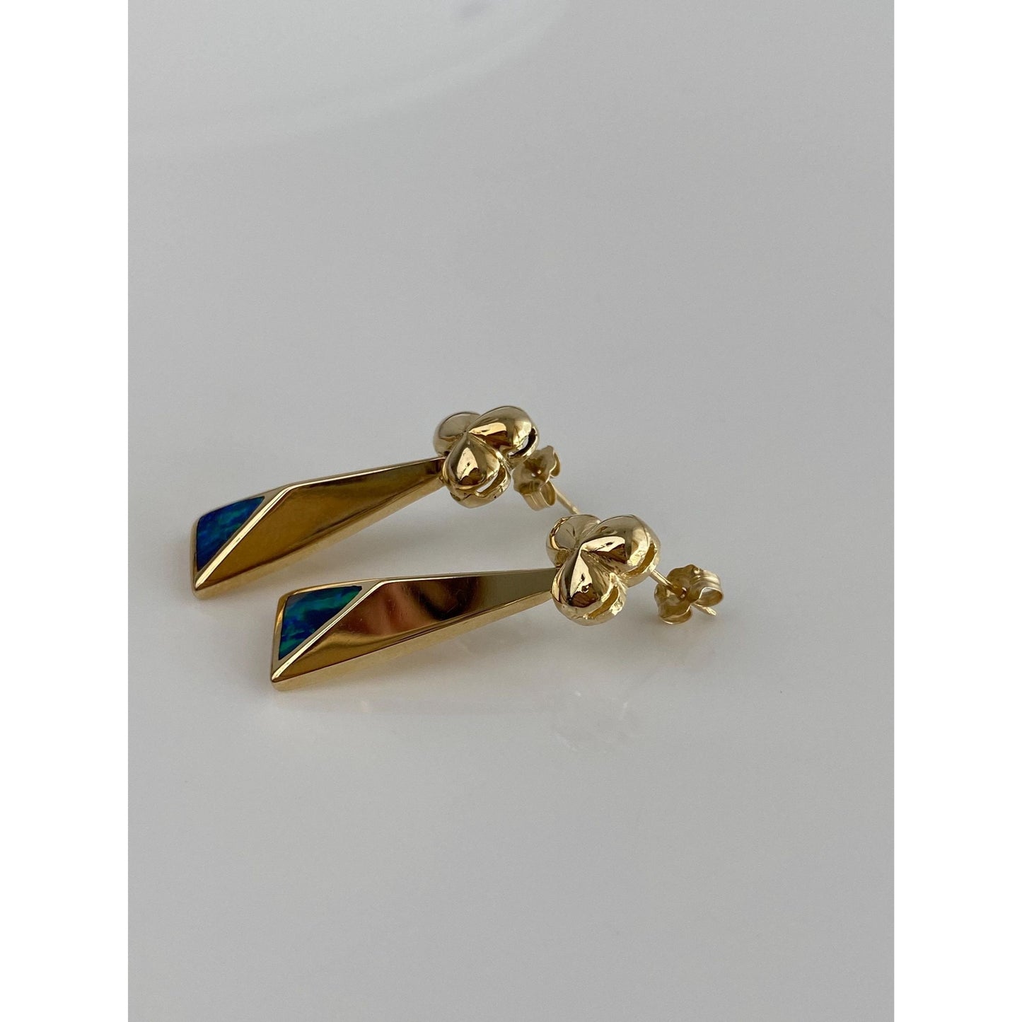Vintage Solid 14k Yellow Gold Opal Inlay Club Drop Earrings