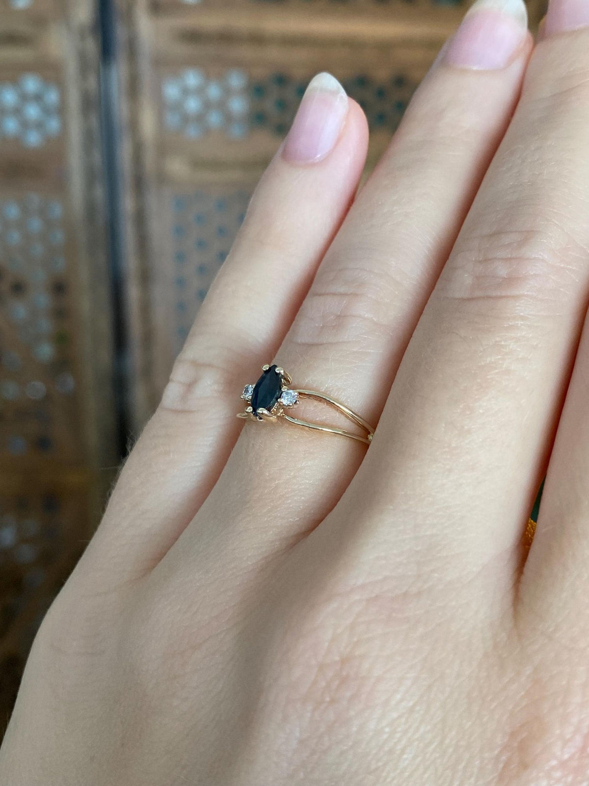 Vintage Solid 10k Yellow Gold Diamonds Marquis Blue Sapphire Ring - Size 5.5