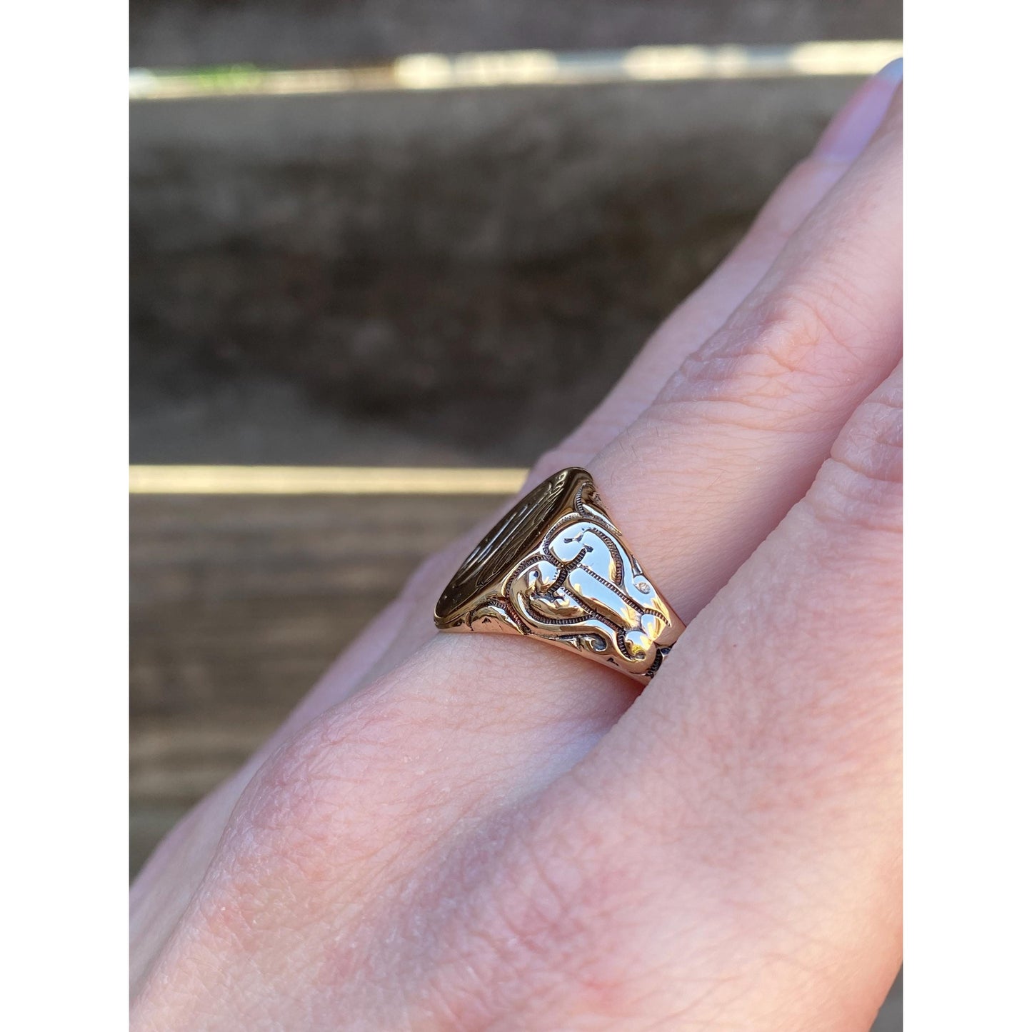 Vintage Solid 10k Yellow Gold Engraved Designed Signet Ring - Size 10.75