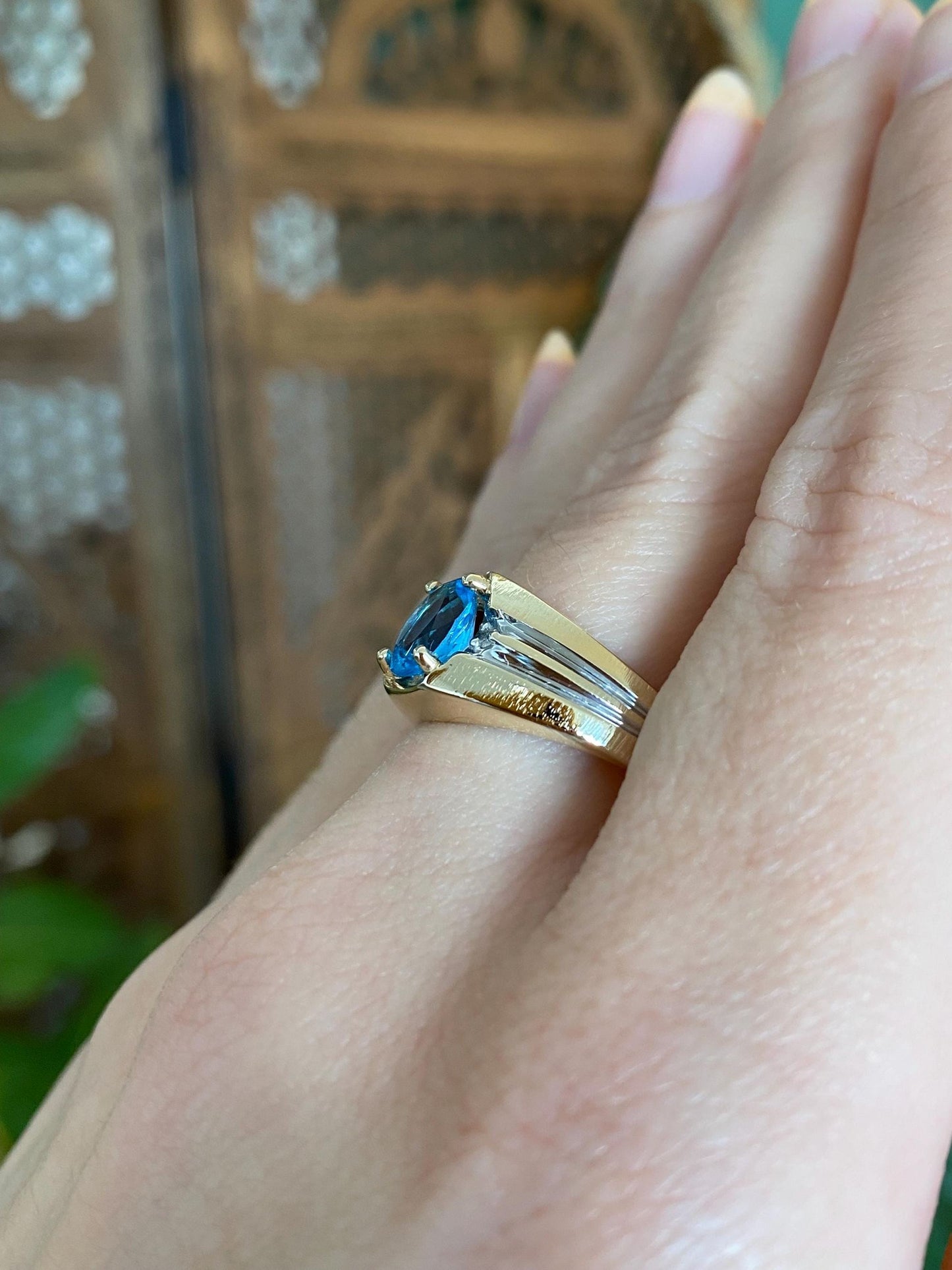 Vintage Solid 10k White & Yellow Gold Topaz Diamond Ring Band - Size 10