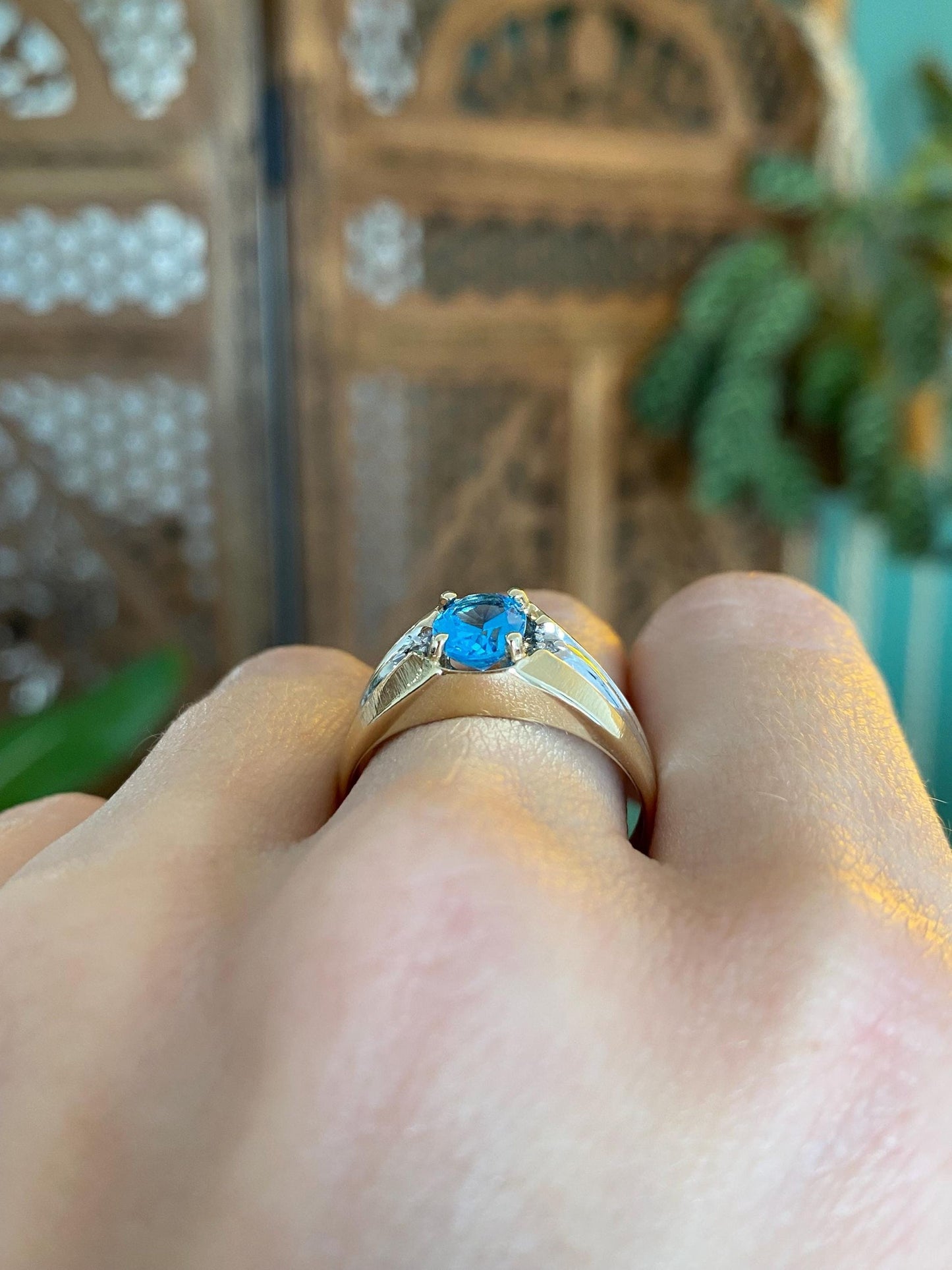 Vintage Solid 10k White & Yellow Gold Topaz Diamond Ring Band - Size 10