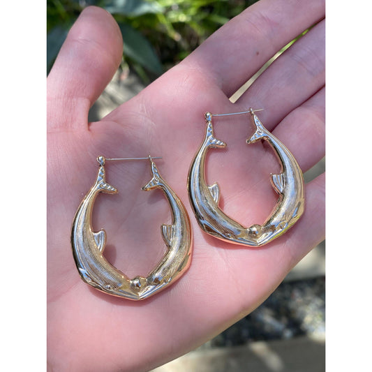 Vintage 14k Yellow Gold Large Dolphin Hoop Earrings