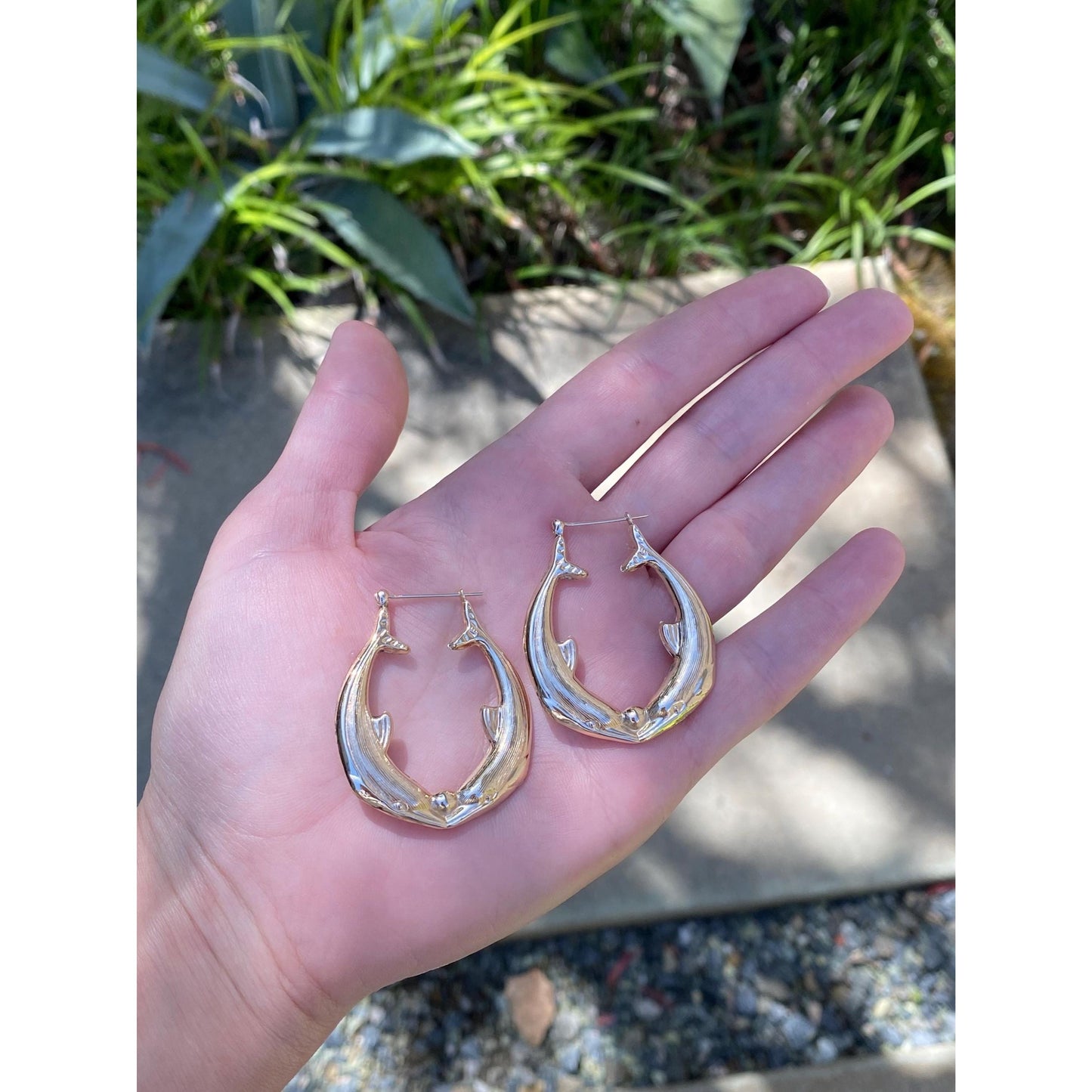 Vintage 14k Yellow Gold Large Dolphin Hoop Earrings