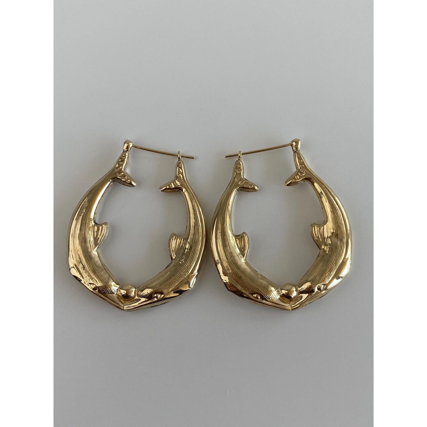Vintage 14k Yellow Gold Large Dolphin Hoop Earrings