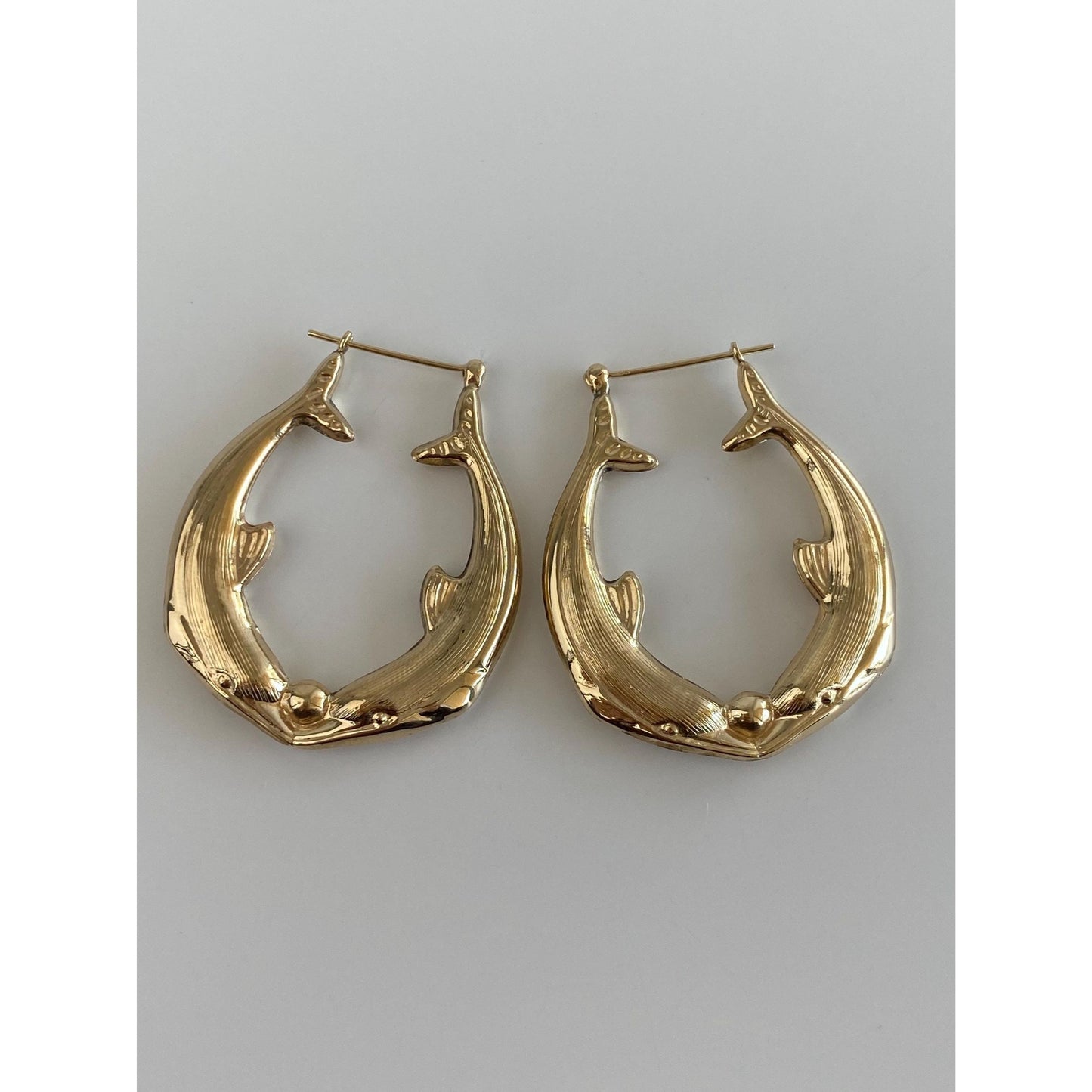 Vintage 14k Yellow Gold Large Dolphin Hoop Earrings
