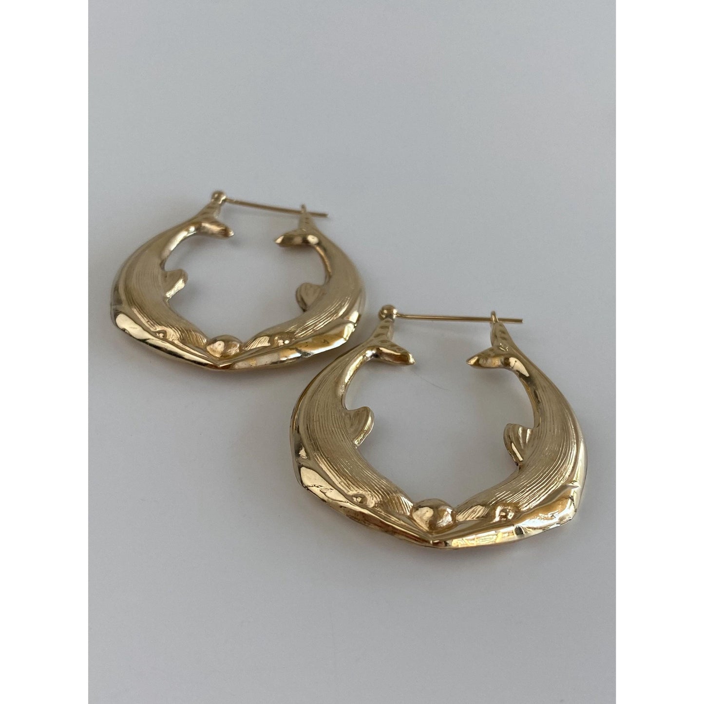 Vintage 14k Yellow Gold Large Dolphin Hoop Earrings