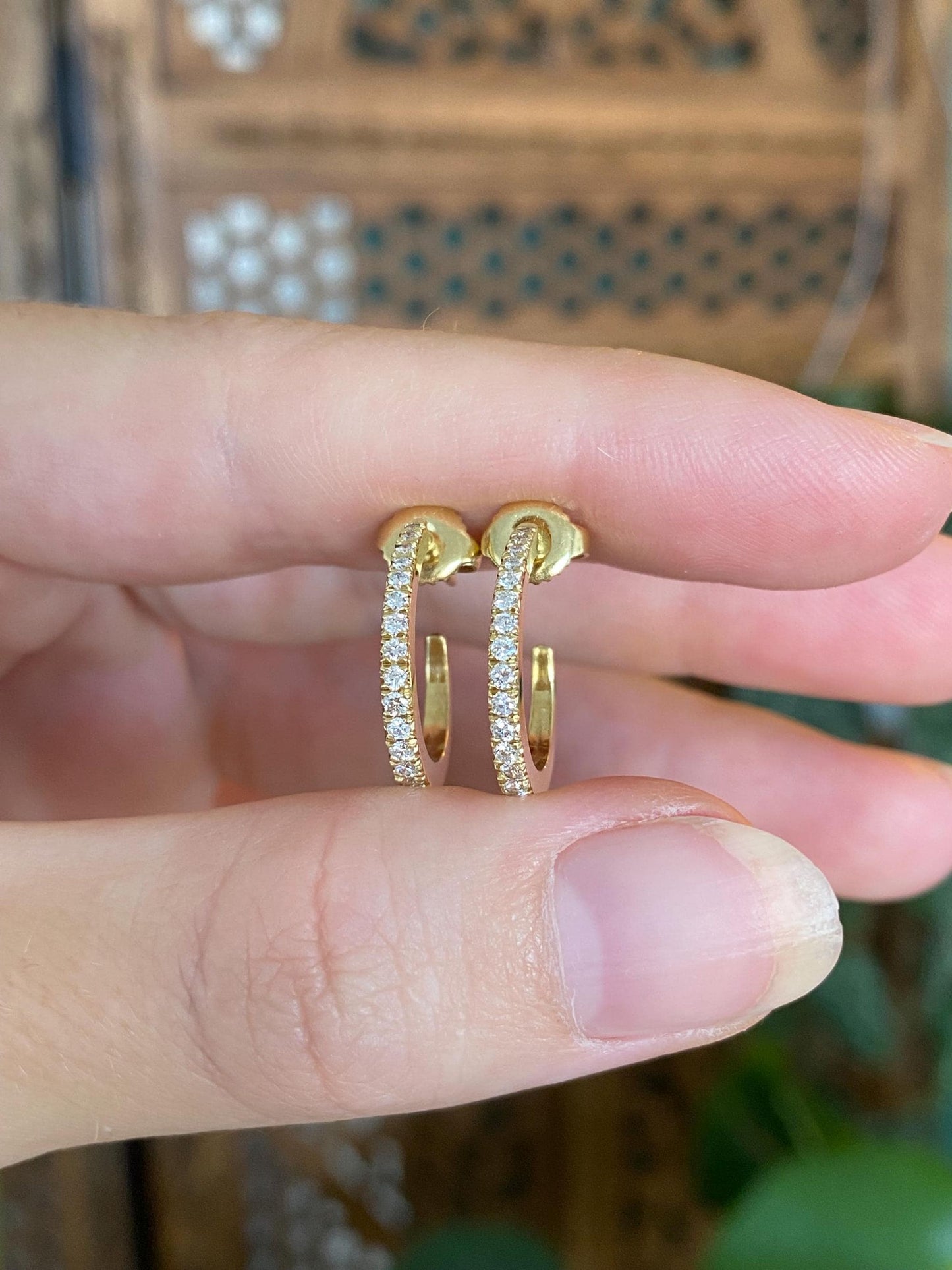 Vintage Solid 18k Yellow Gold Diamond Drop Hoop Earrings