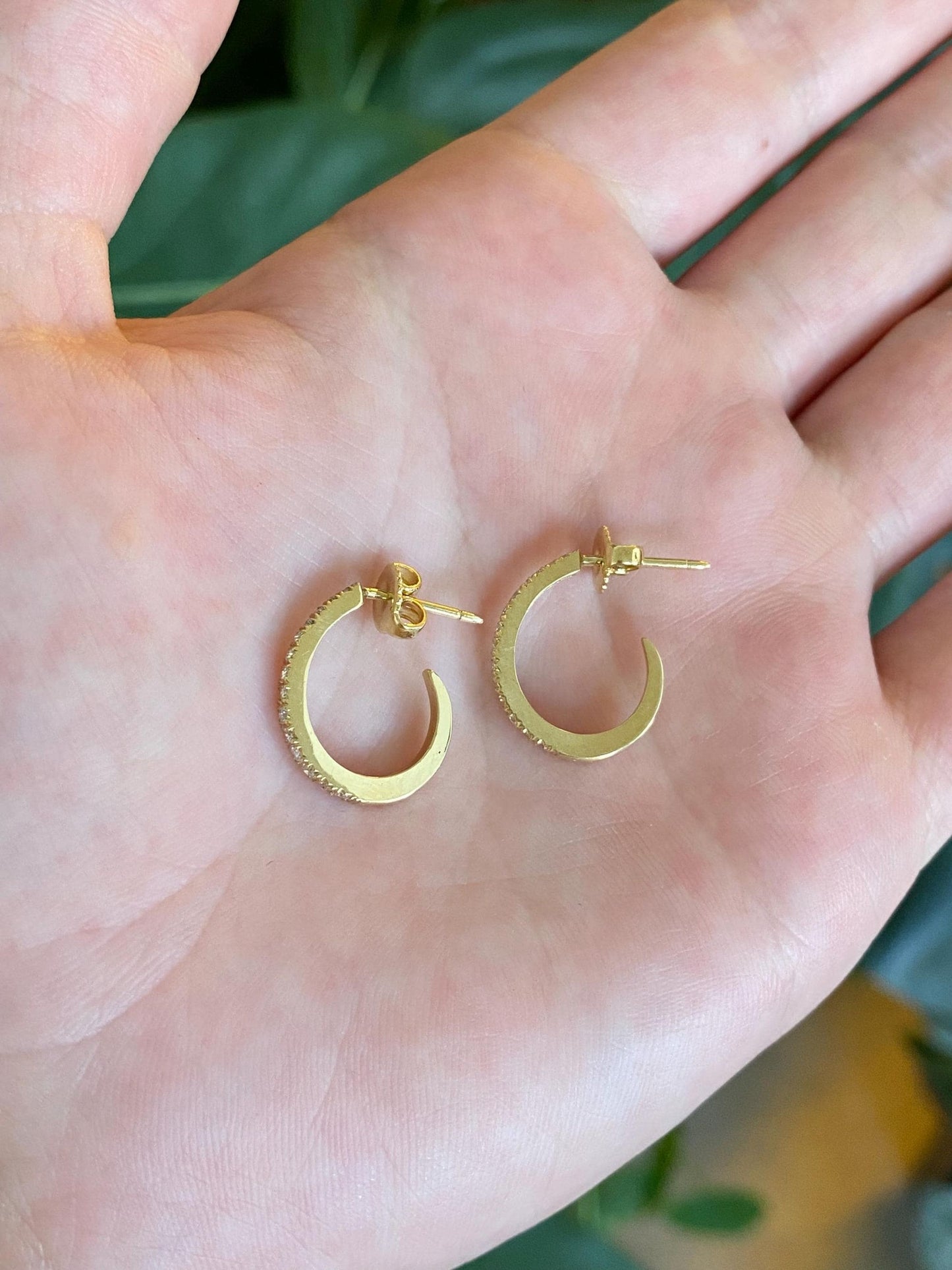 Vintage Solid 18k Yellow Gold Diamond Drop Hoop Earrings