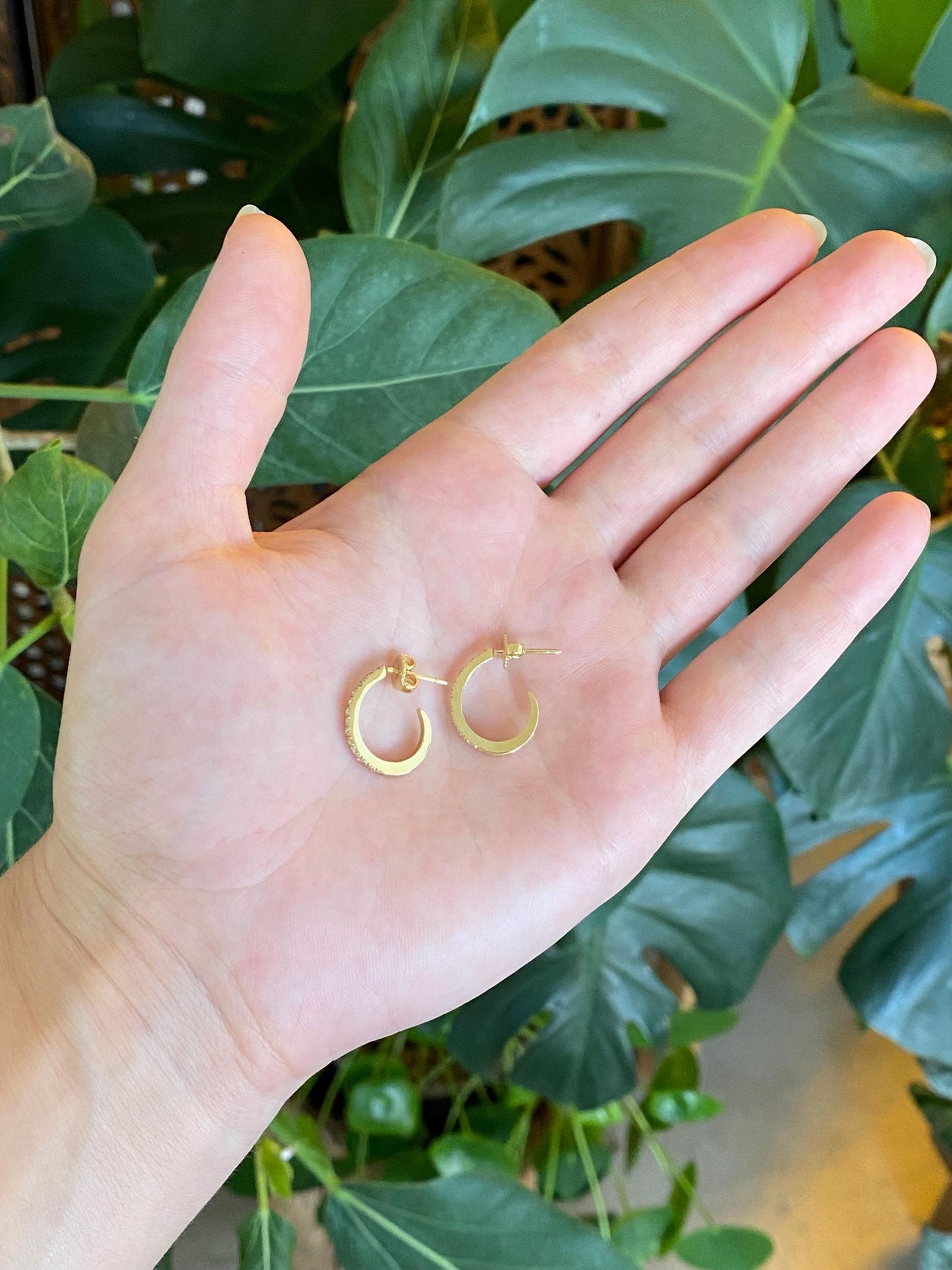 Vintage Solid 18k Yellow Gold Diamond Drop Hoop Earrings