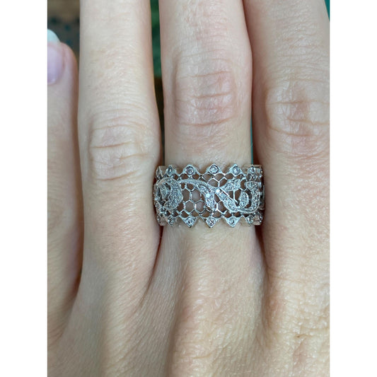 Vintage Solid 18k White Gold Diamond Lace Pattern Open Work Ring Band - Size 6.75