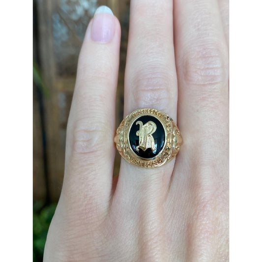 Vintage Solid 10k Yellow Gold Black Onyx Rochester 'R' Class Ring - Size 5